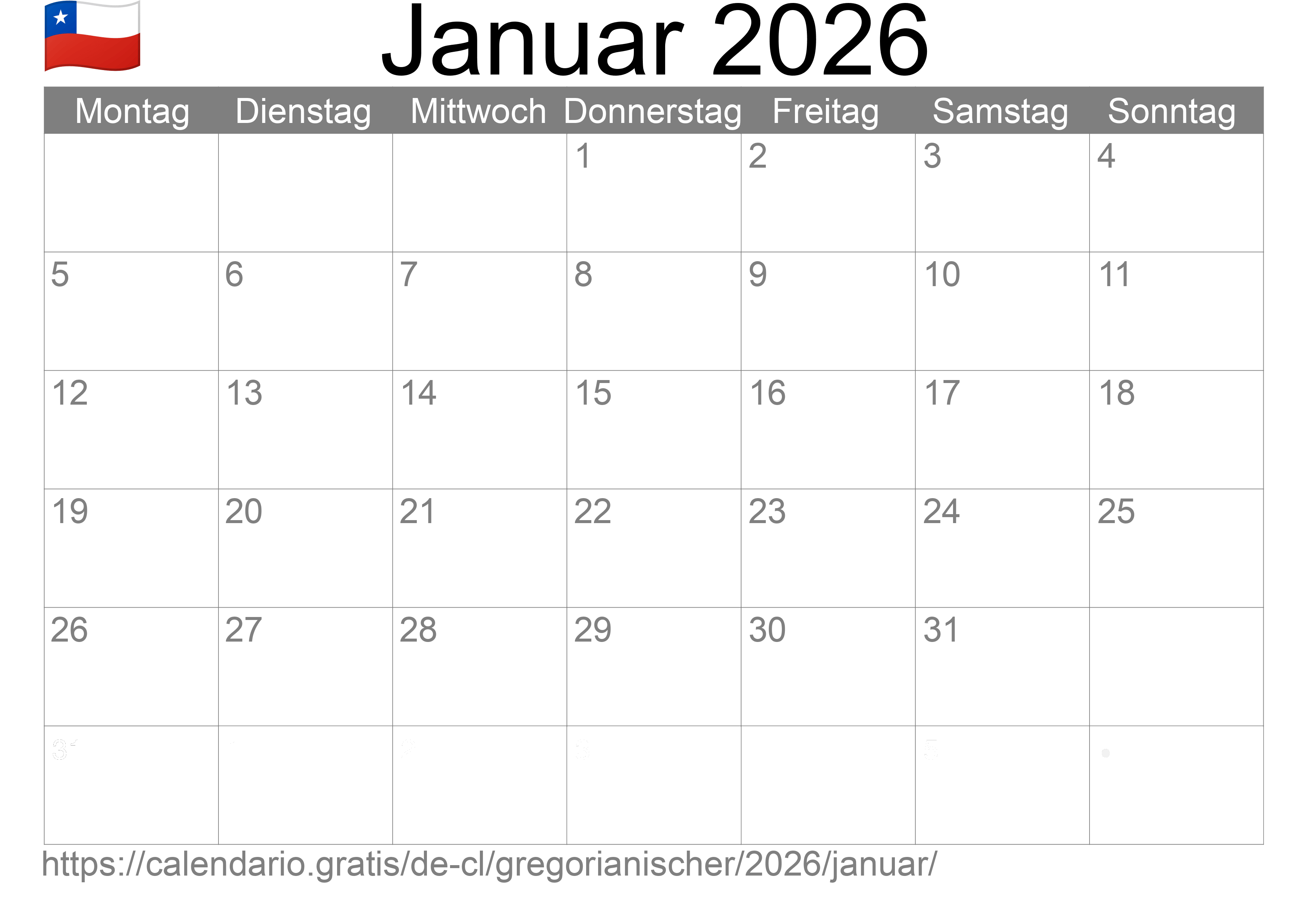 Kalender Januar 2026 zum Ausdrucken