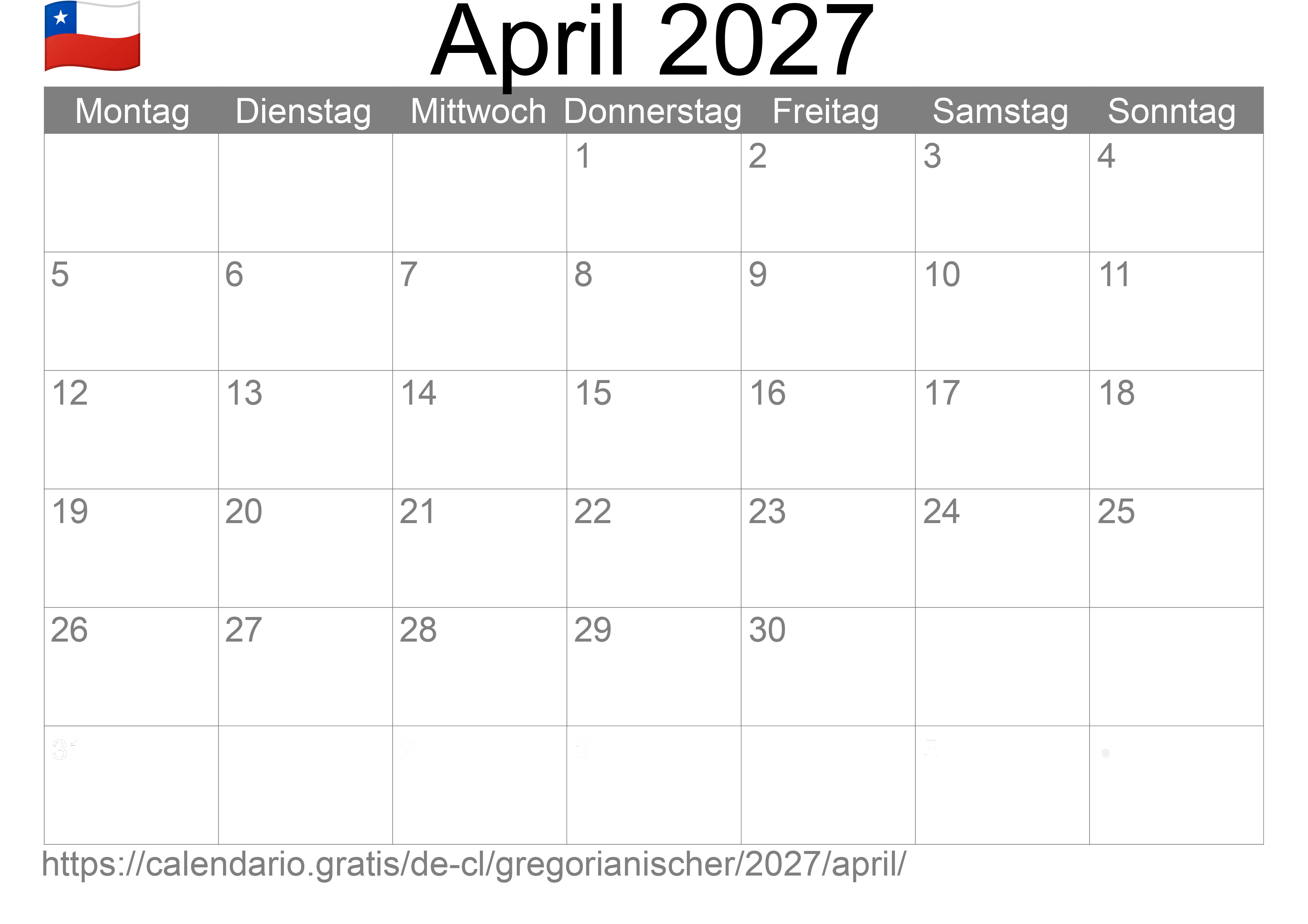 Kalender April 2027 zum Ausdrucken