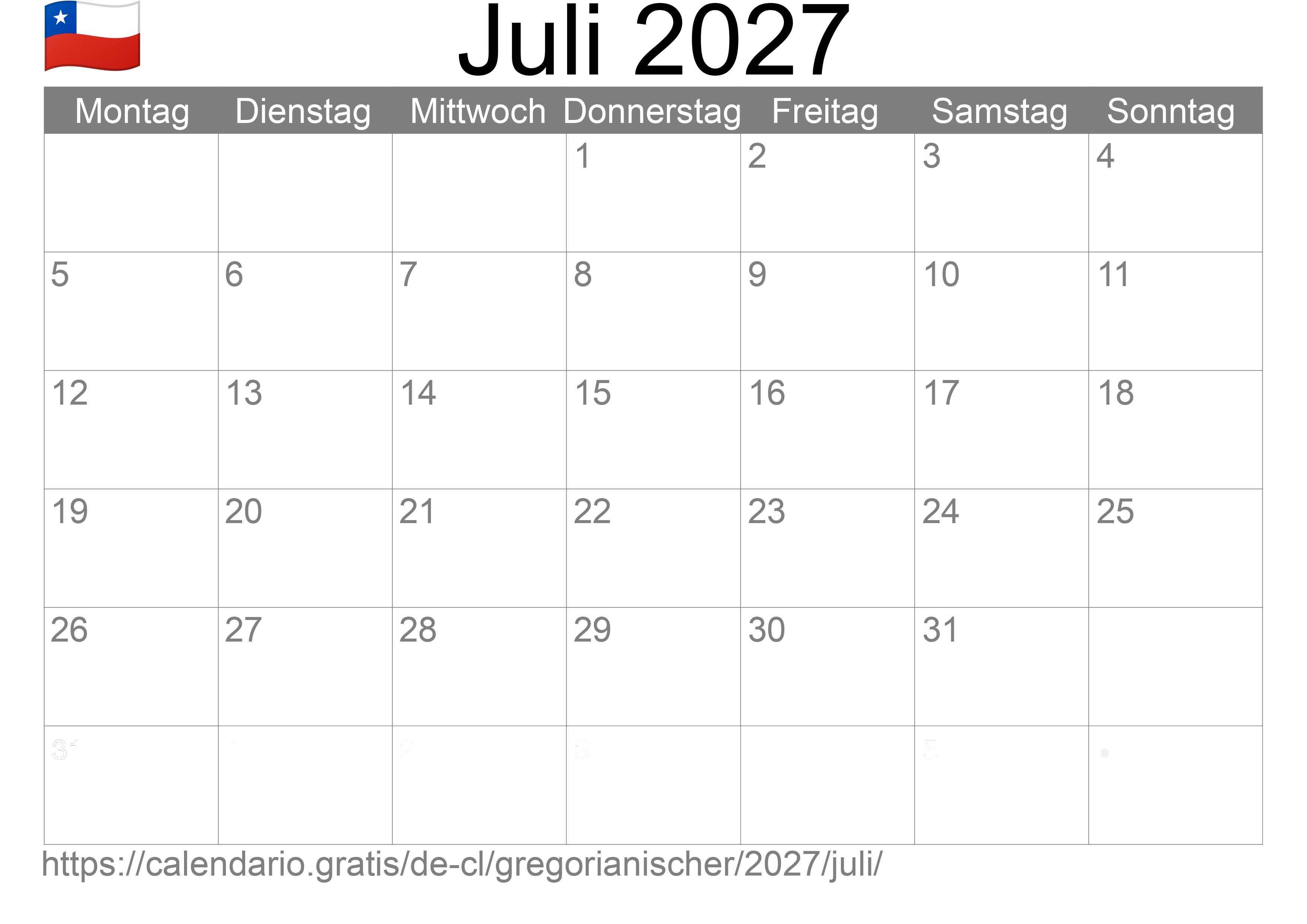 Kalender Juli 2027 zum Ausdrucken