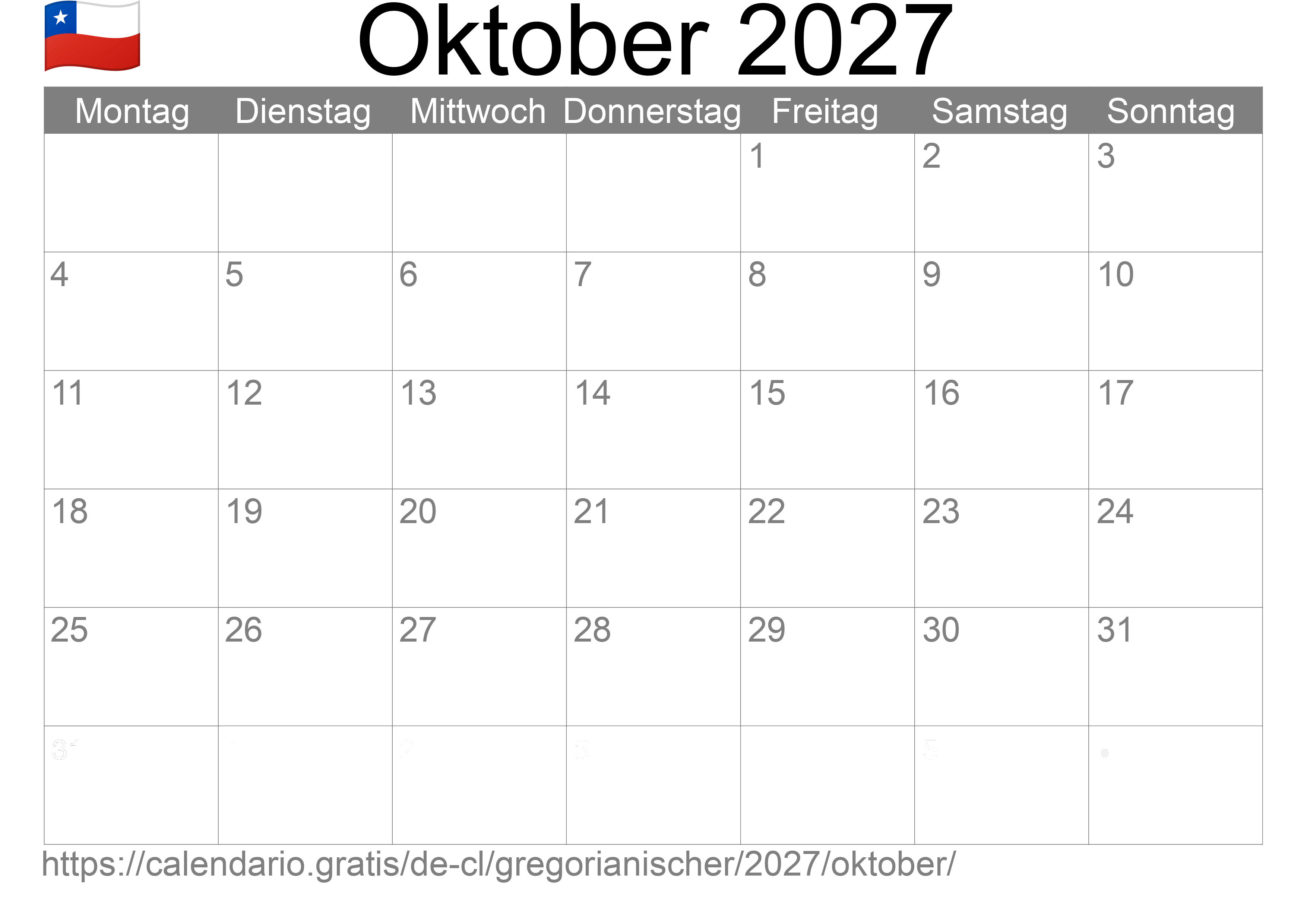 Kalender Oktober 2027 zum Ausdrucken