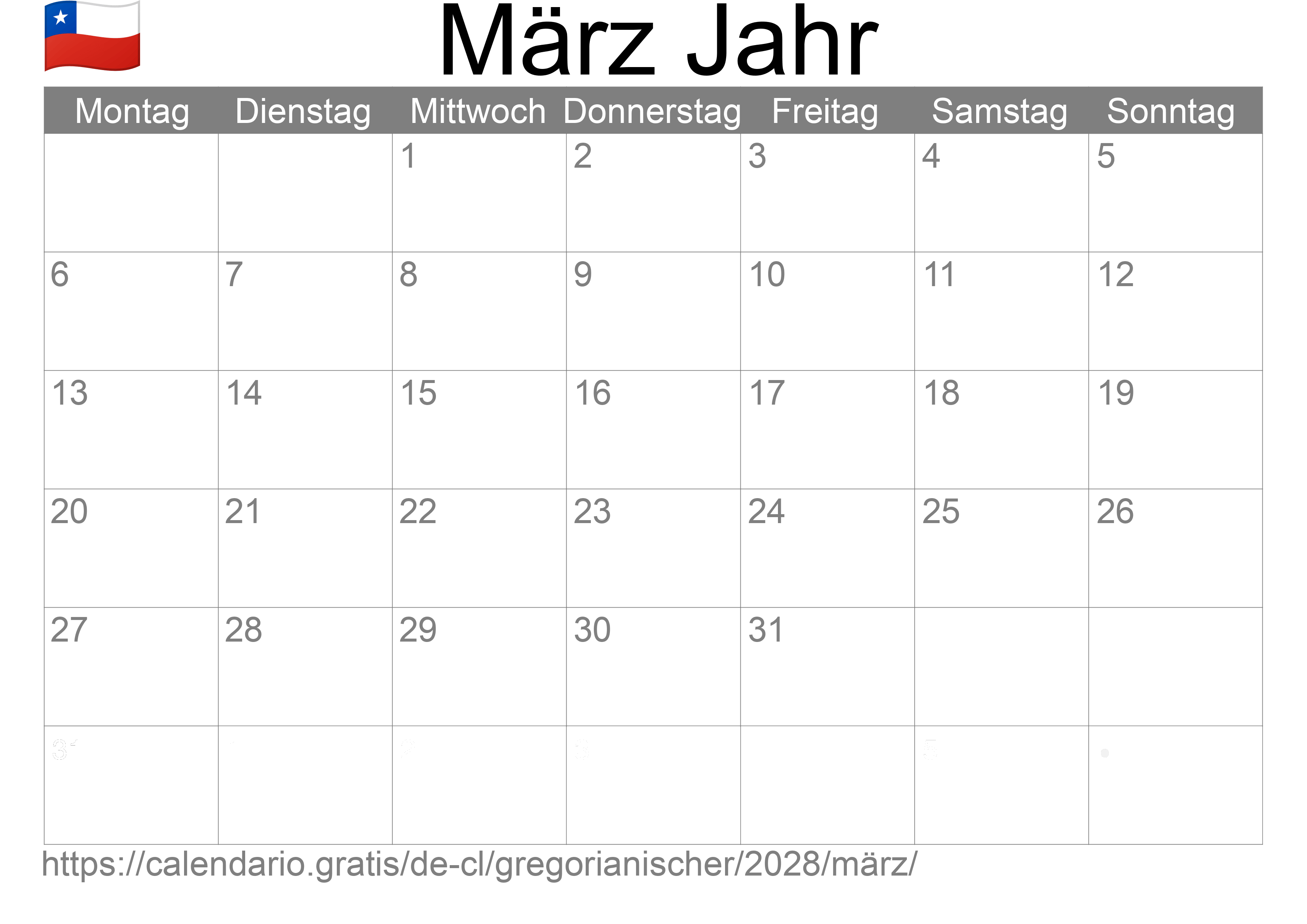 Kalender März 2028 zum Ausdrucken