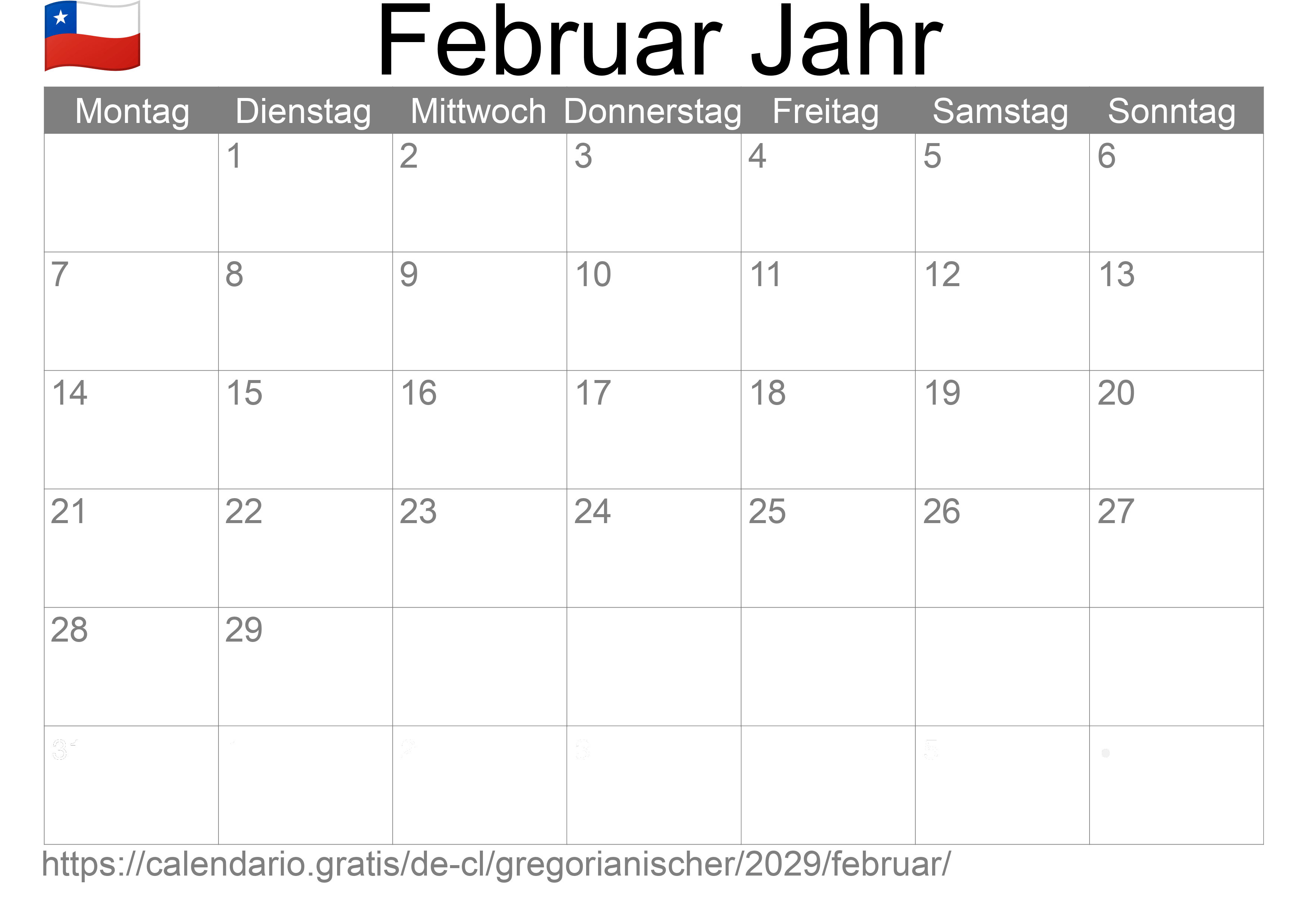 Kalender Februar 2029 zum Ausdrucken