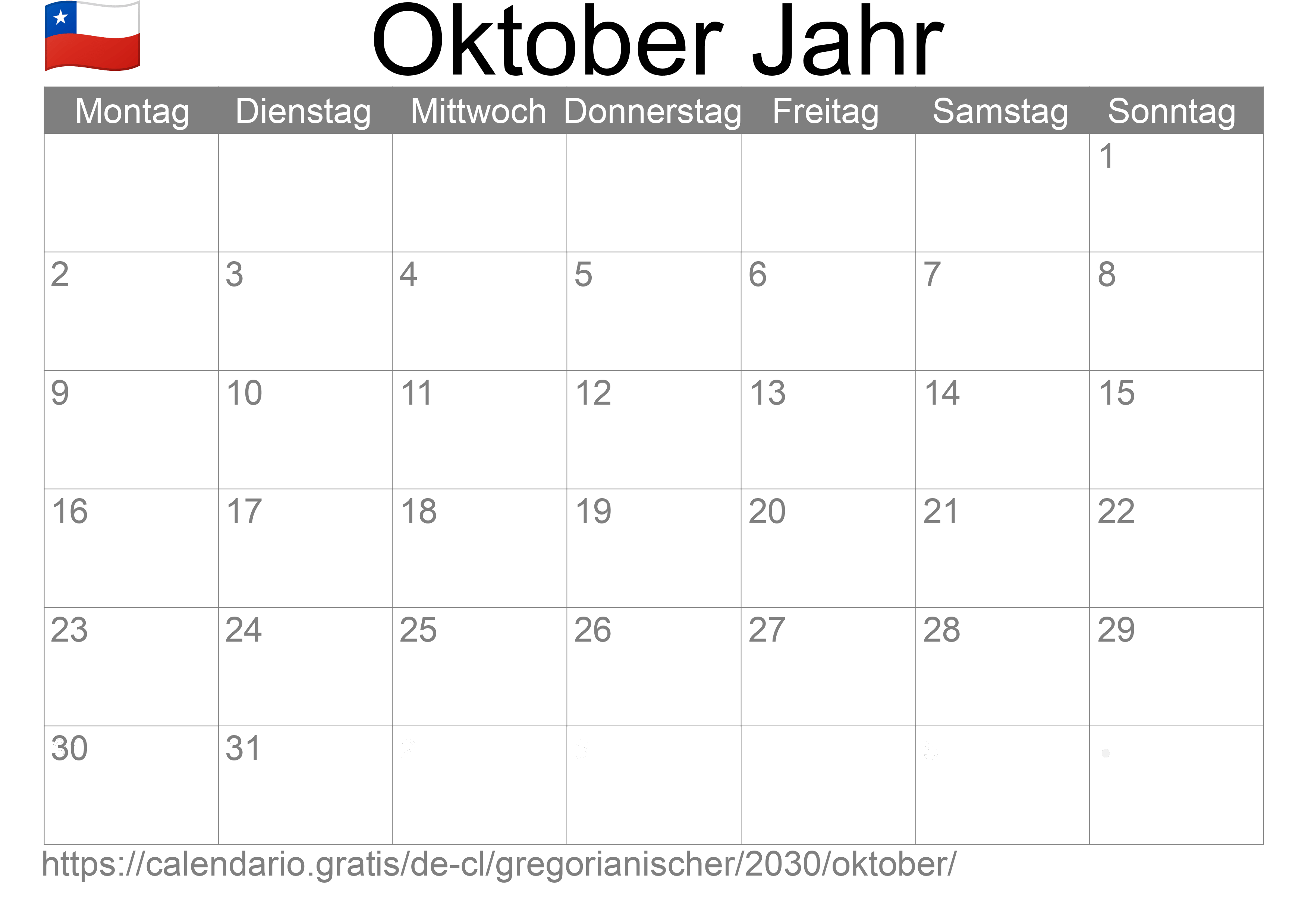 Kalender Oktober 2030 zum Ausdrucken