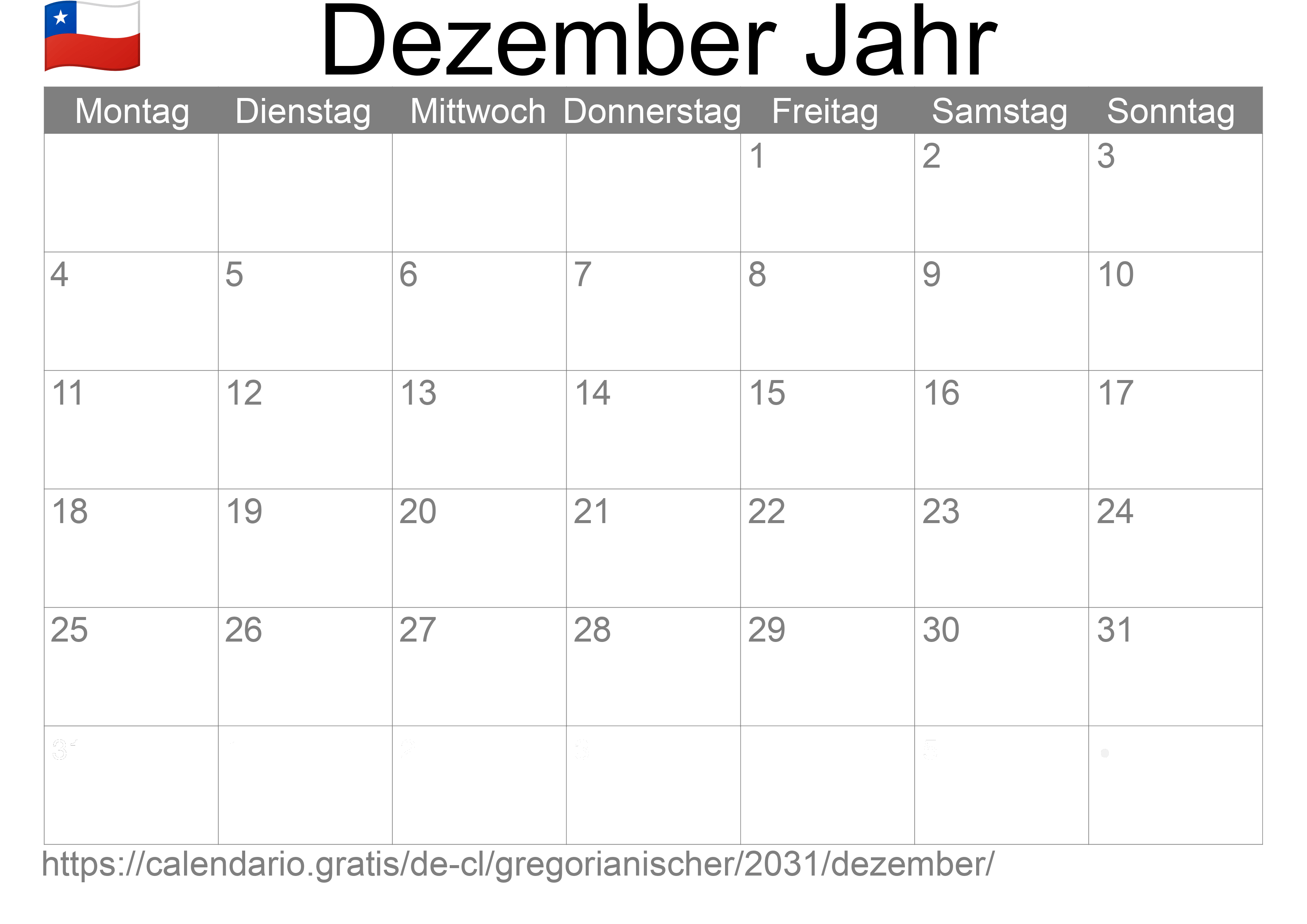 Kalender Dezember 2031 zum Ausdrucken