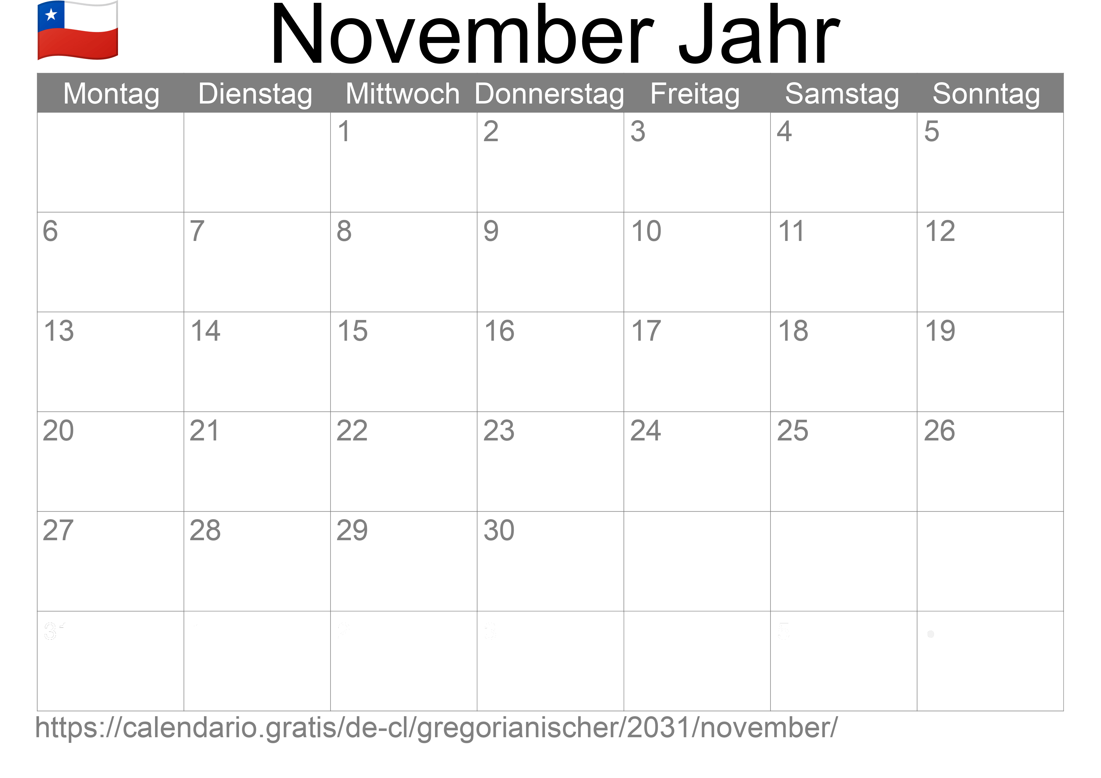 Kalender November 2031 zum Ausdrucken