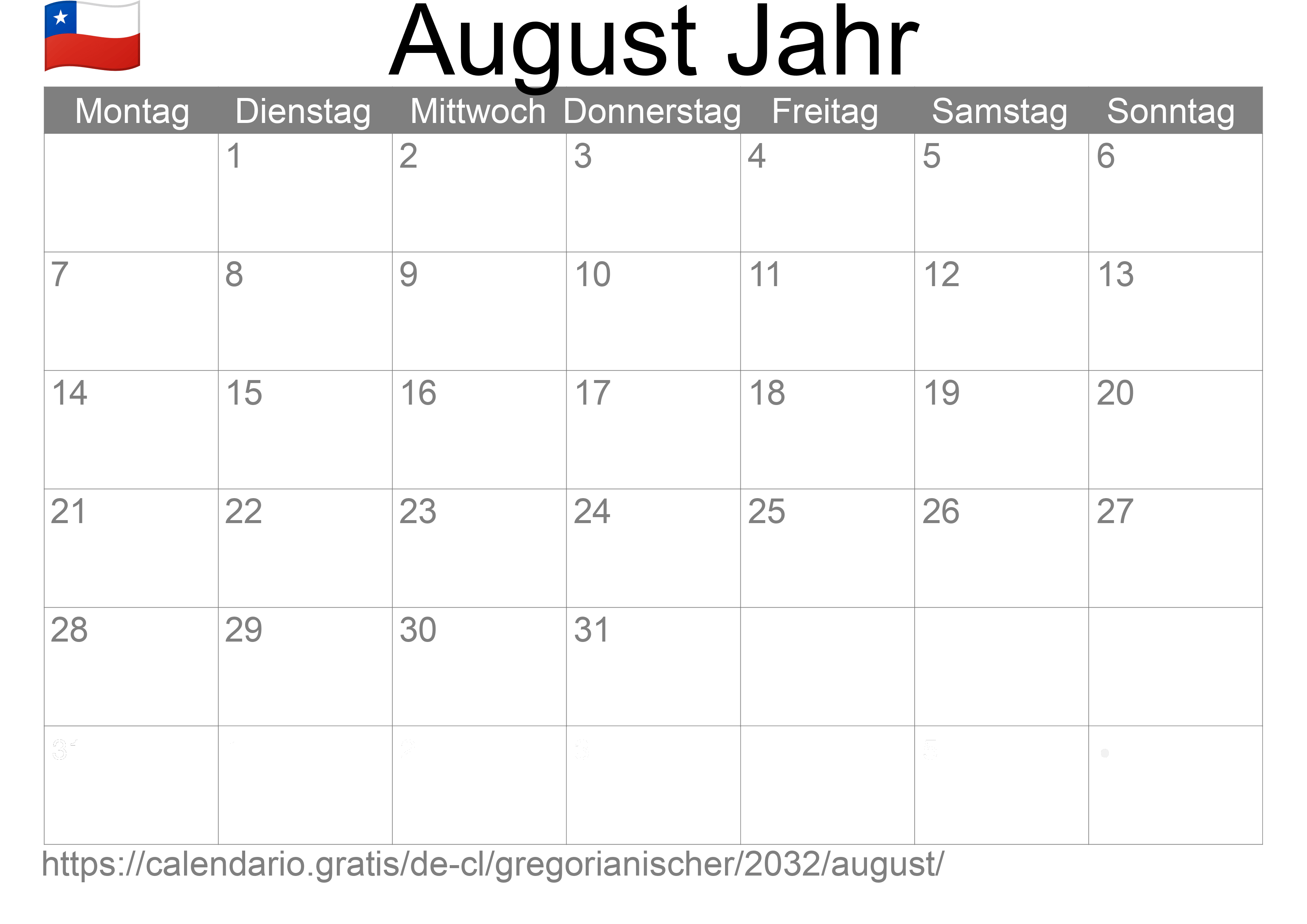 Kalender August 2032 zum Ausdrucken