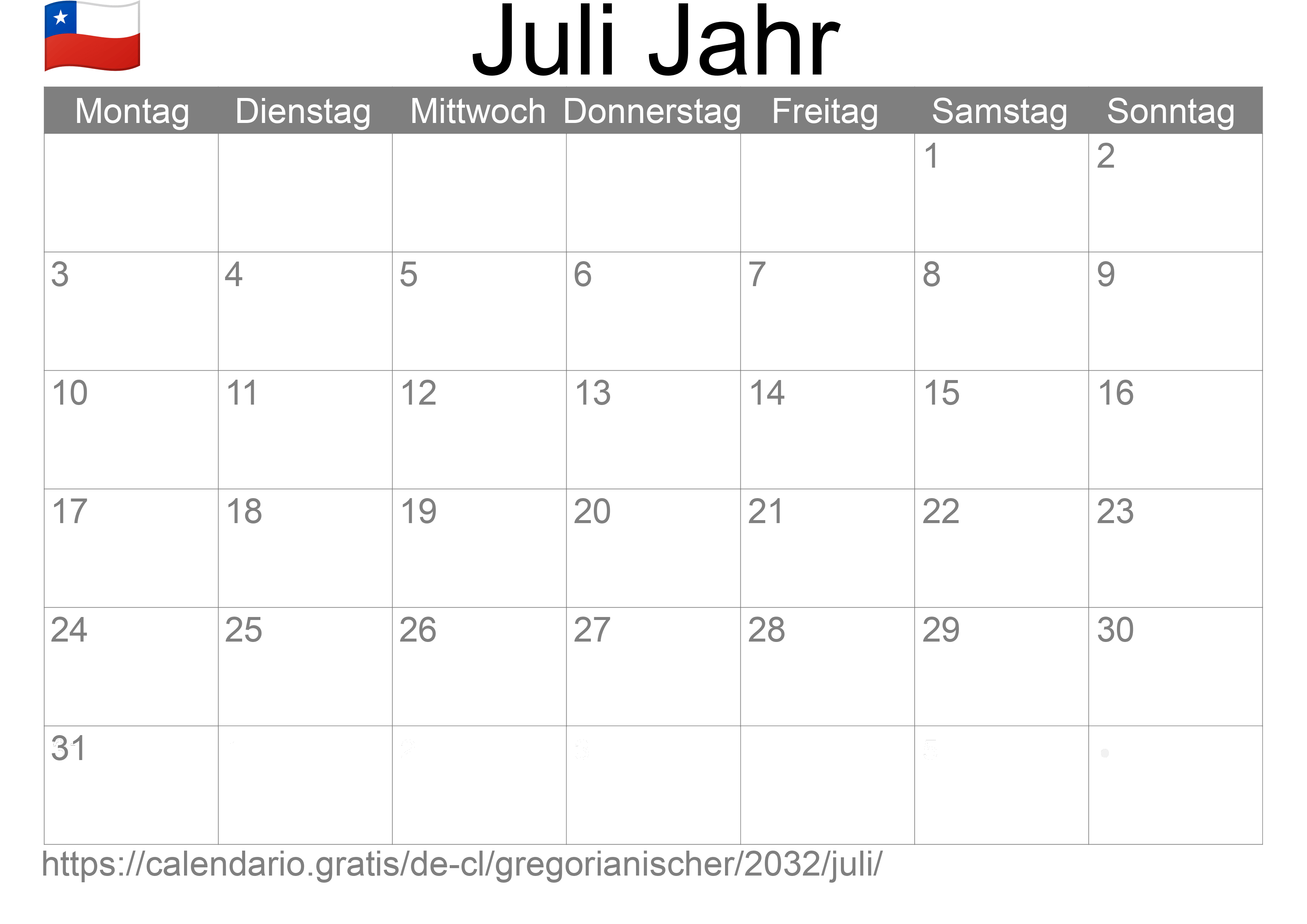 Kalender Juli 2032 zum Ausdrucken