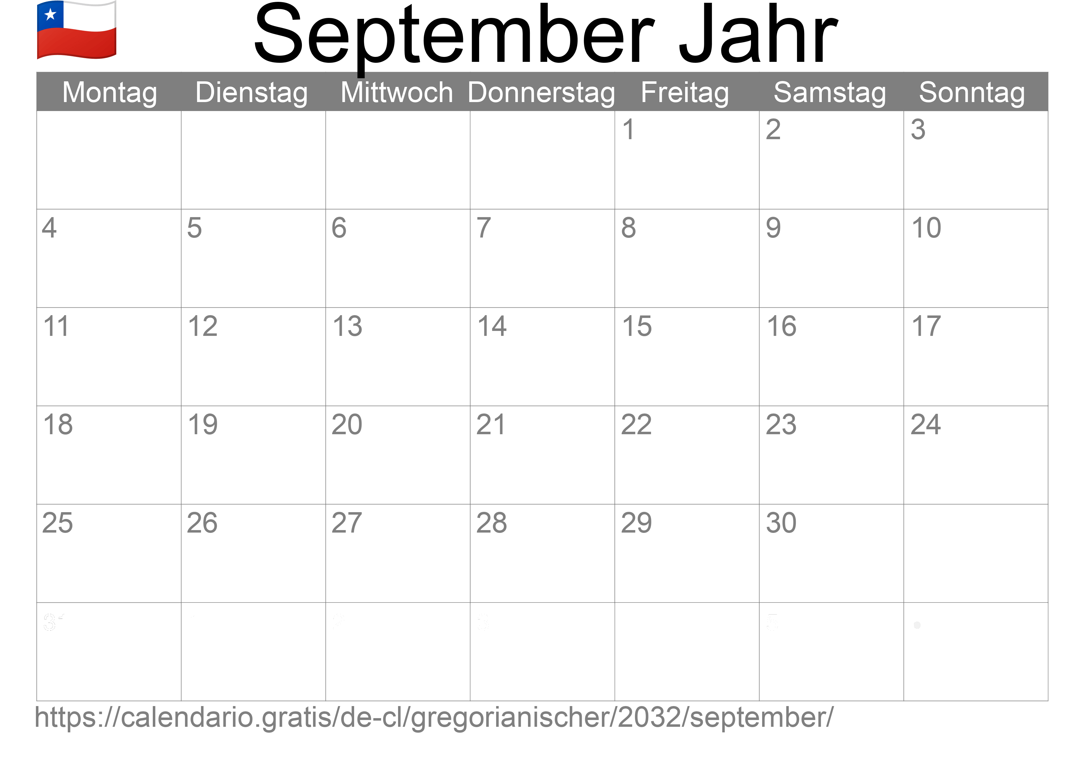 Kalender September 2032 zum Ausdrucken