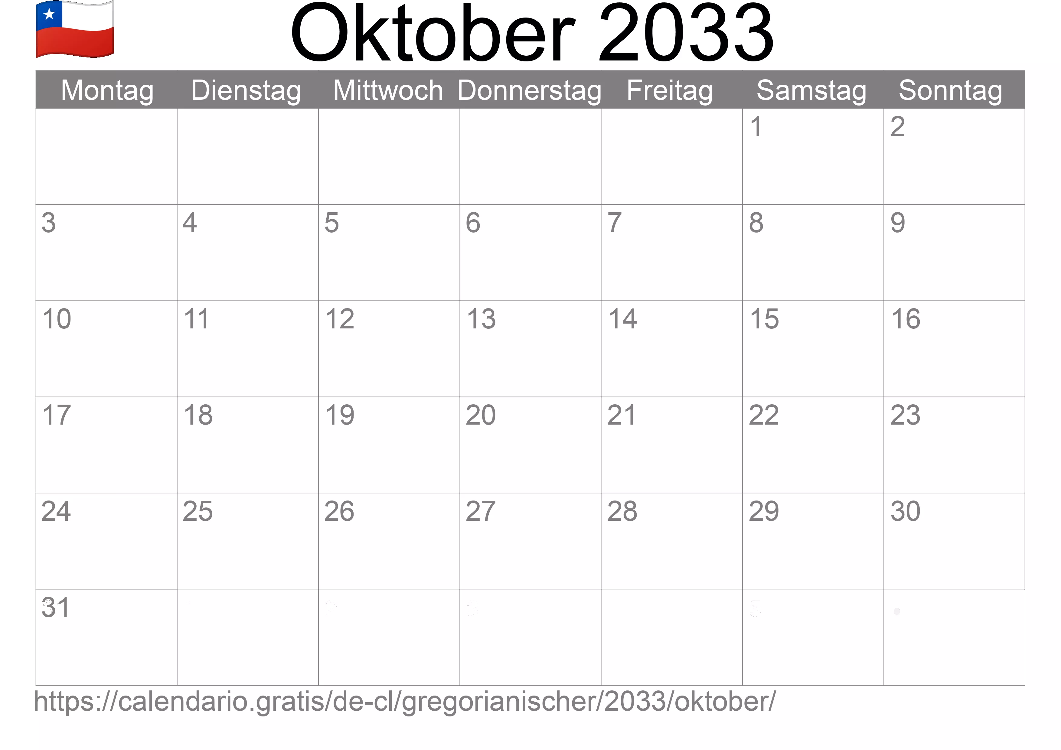 Kalender Oktober 2033 zum Ausdrucken (Chile)