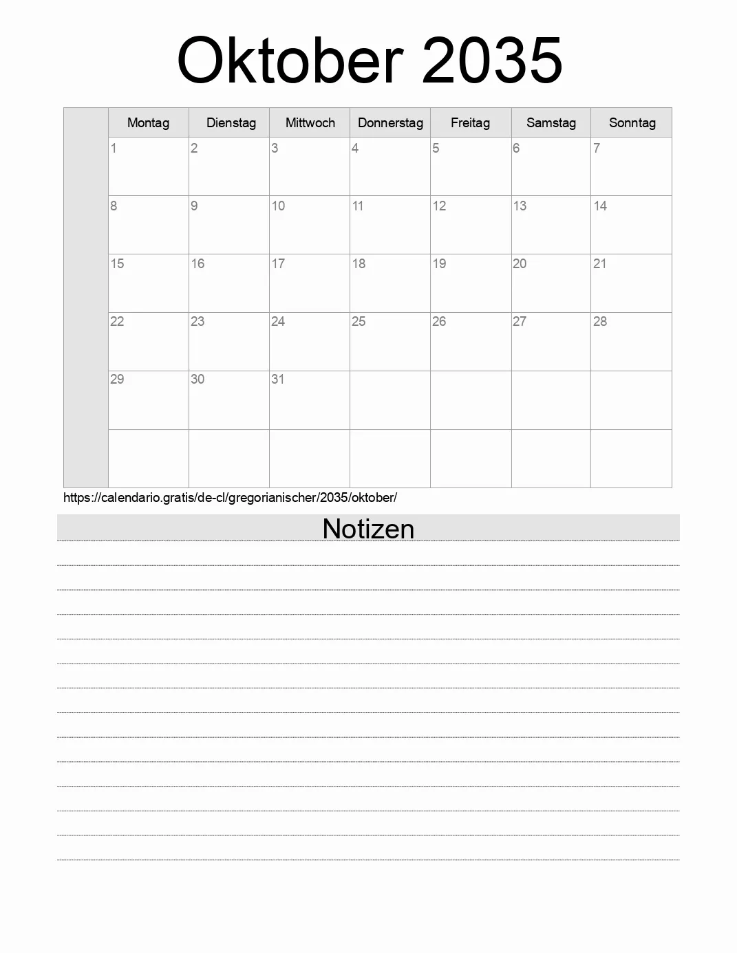 Kalender für Oktober 2035 zum Drucken mit Notizen. (Chile)