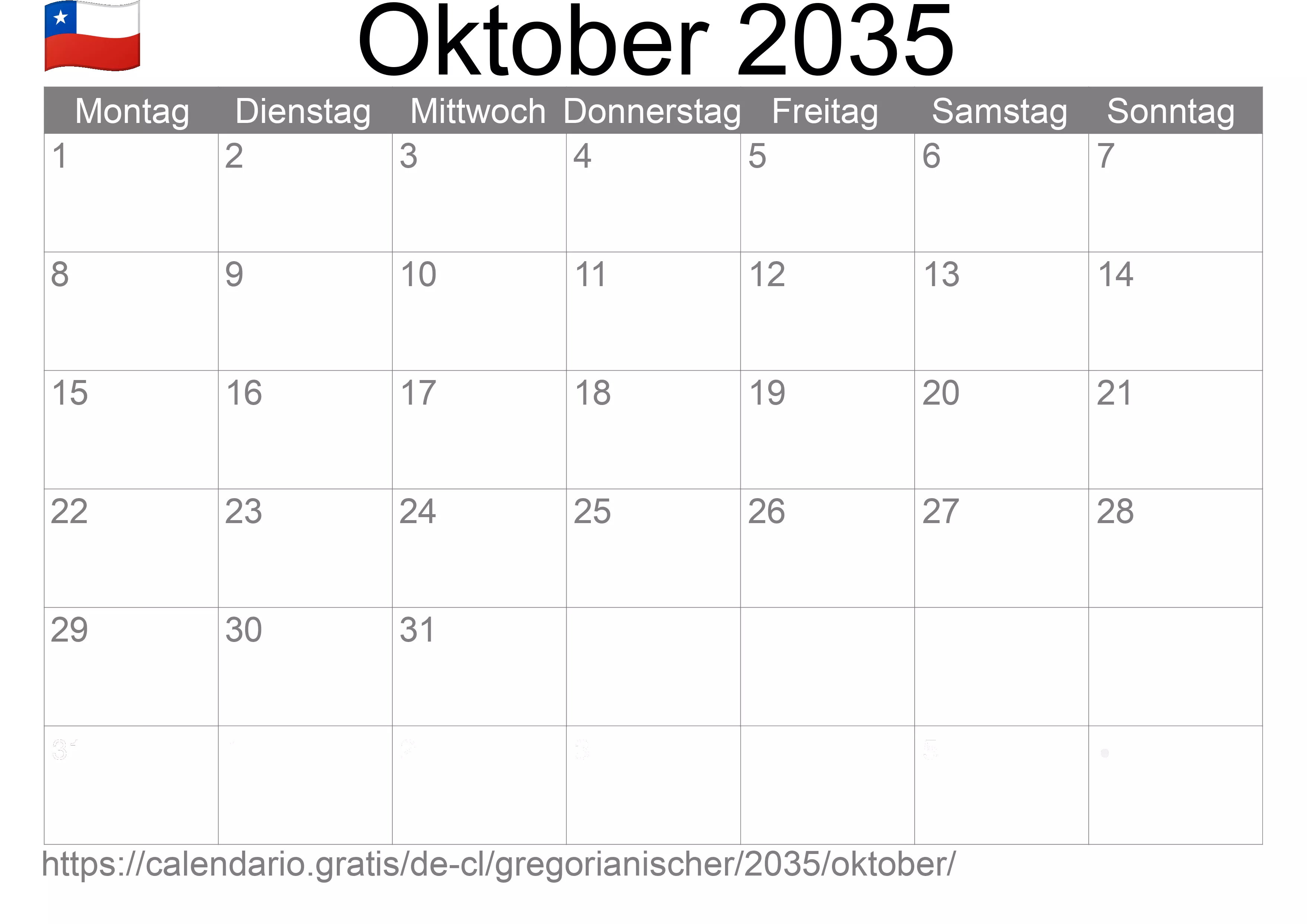 Kalender Oktober 2035 zum Ausdrucken (Chile)