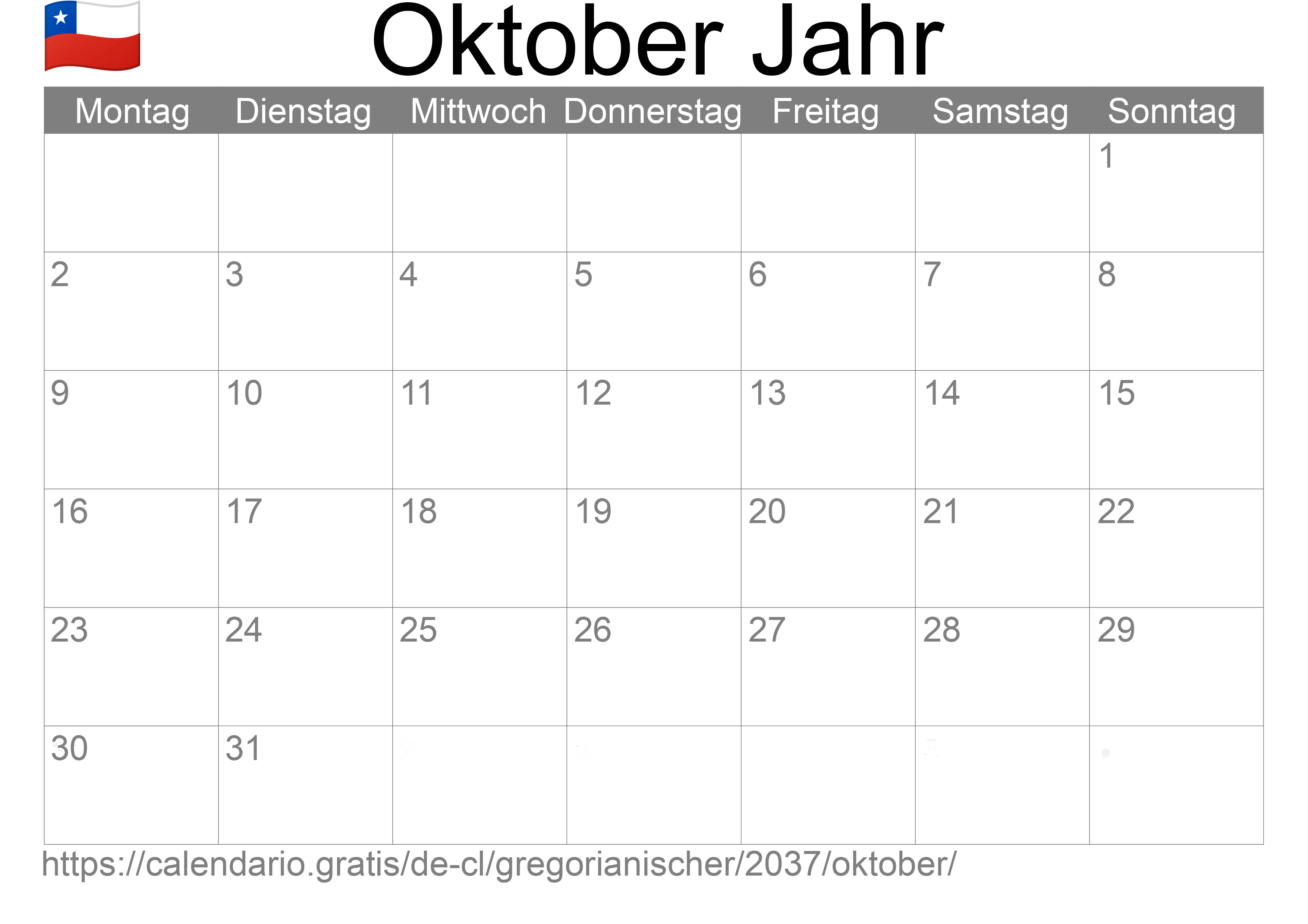 Kalender Oktober 2037 zum Ausdrucken