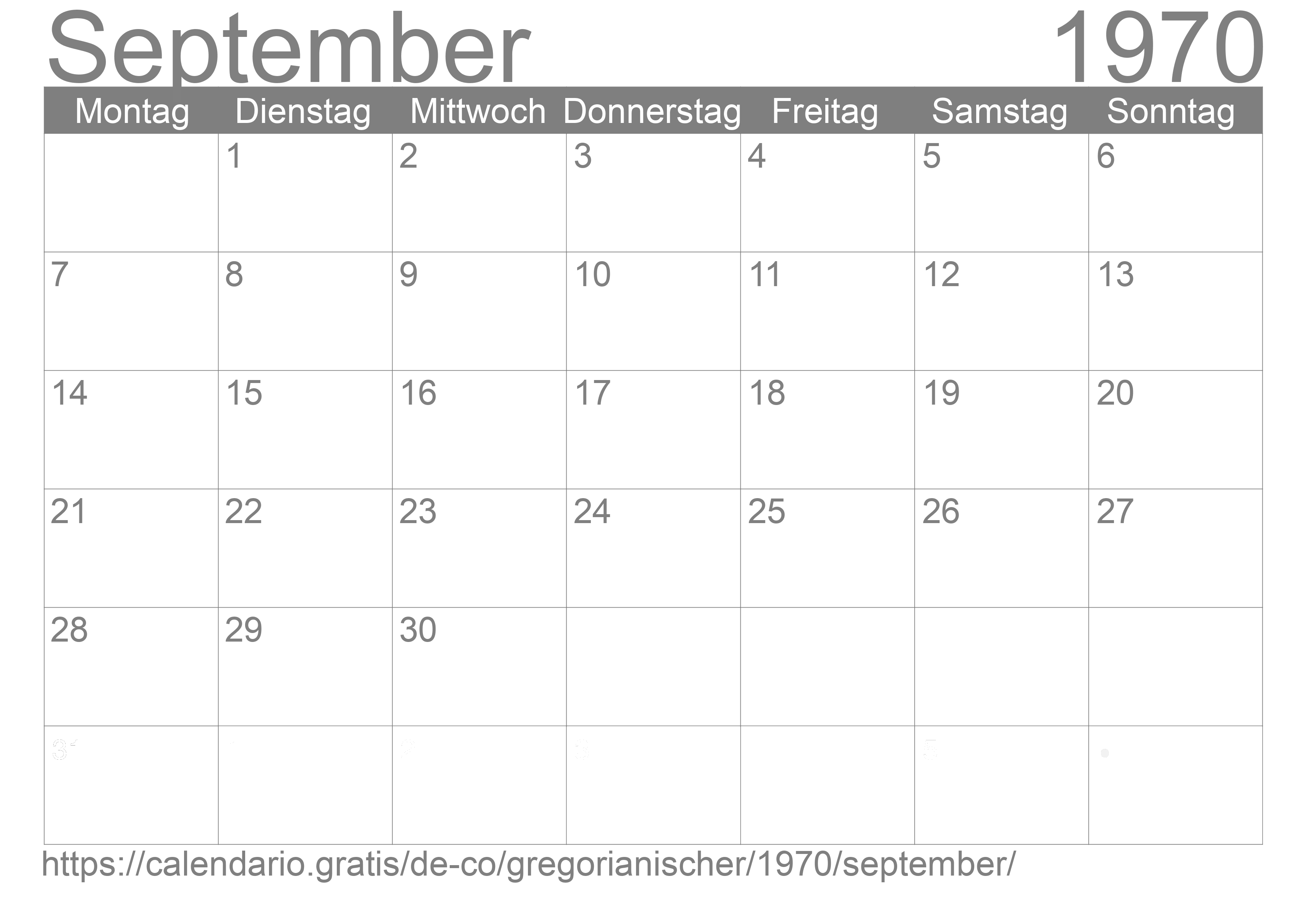 Kalender September 1970 zum Ausdrucken