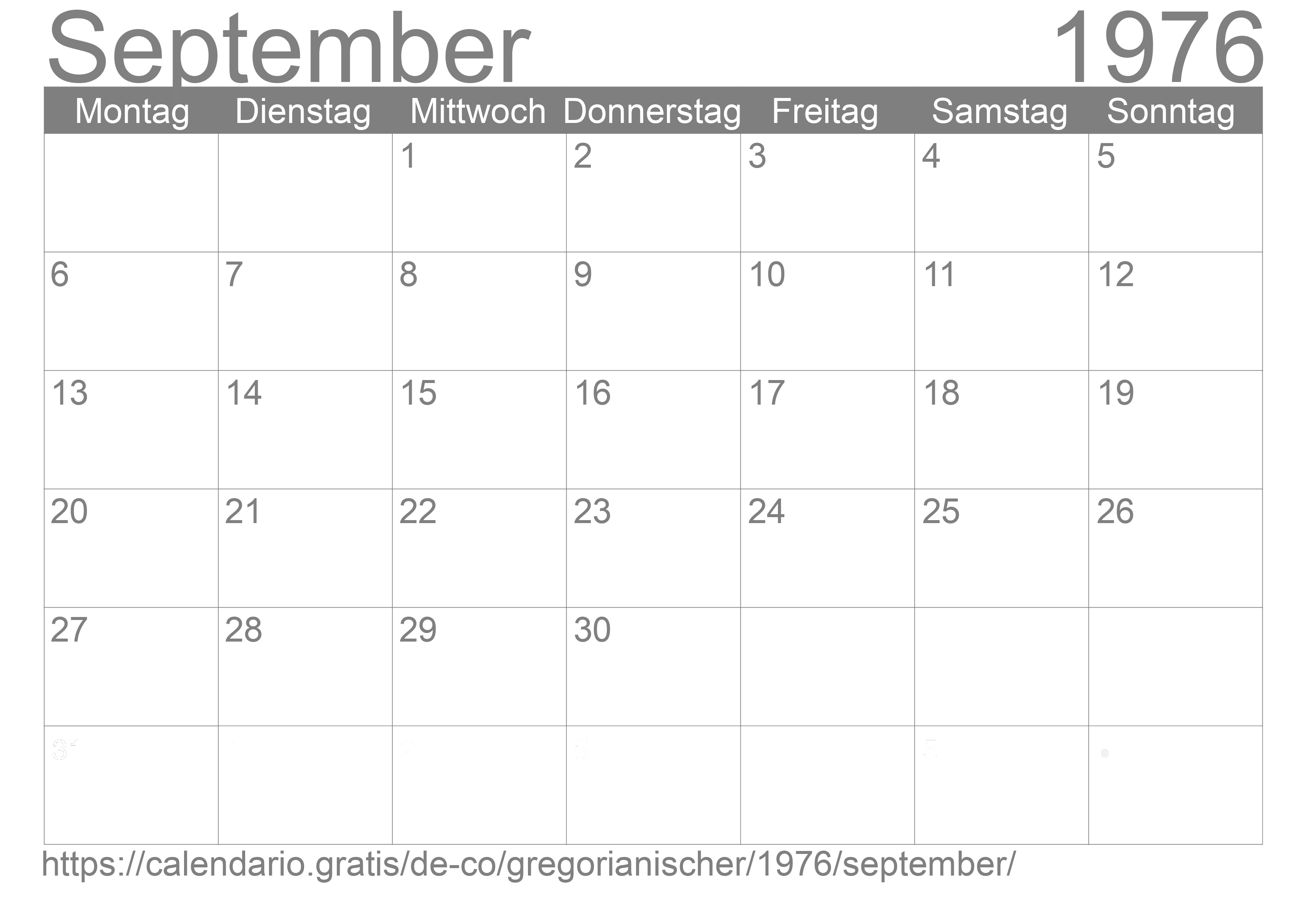 Kalender September 1976 zum Ausdrucken