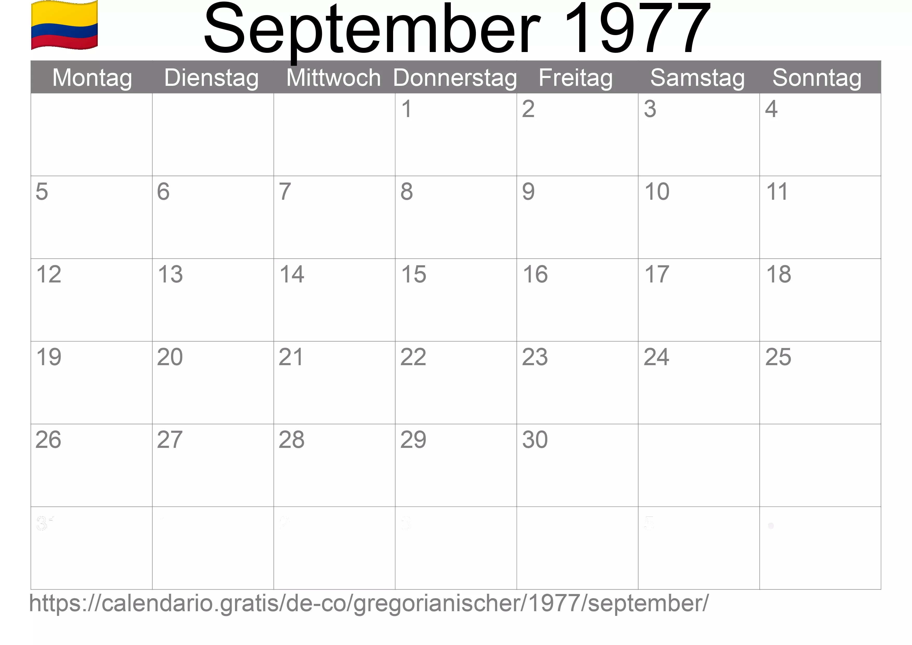 Kalender September 1977 zum Ausdrucken (Kolumbien)