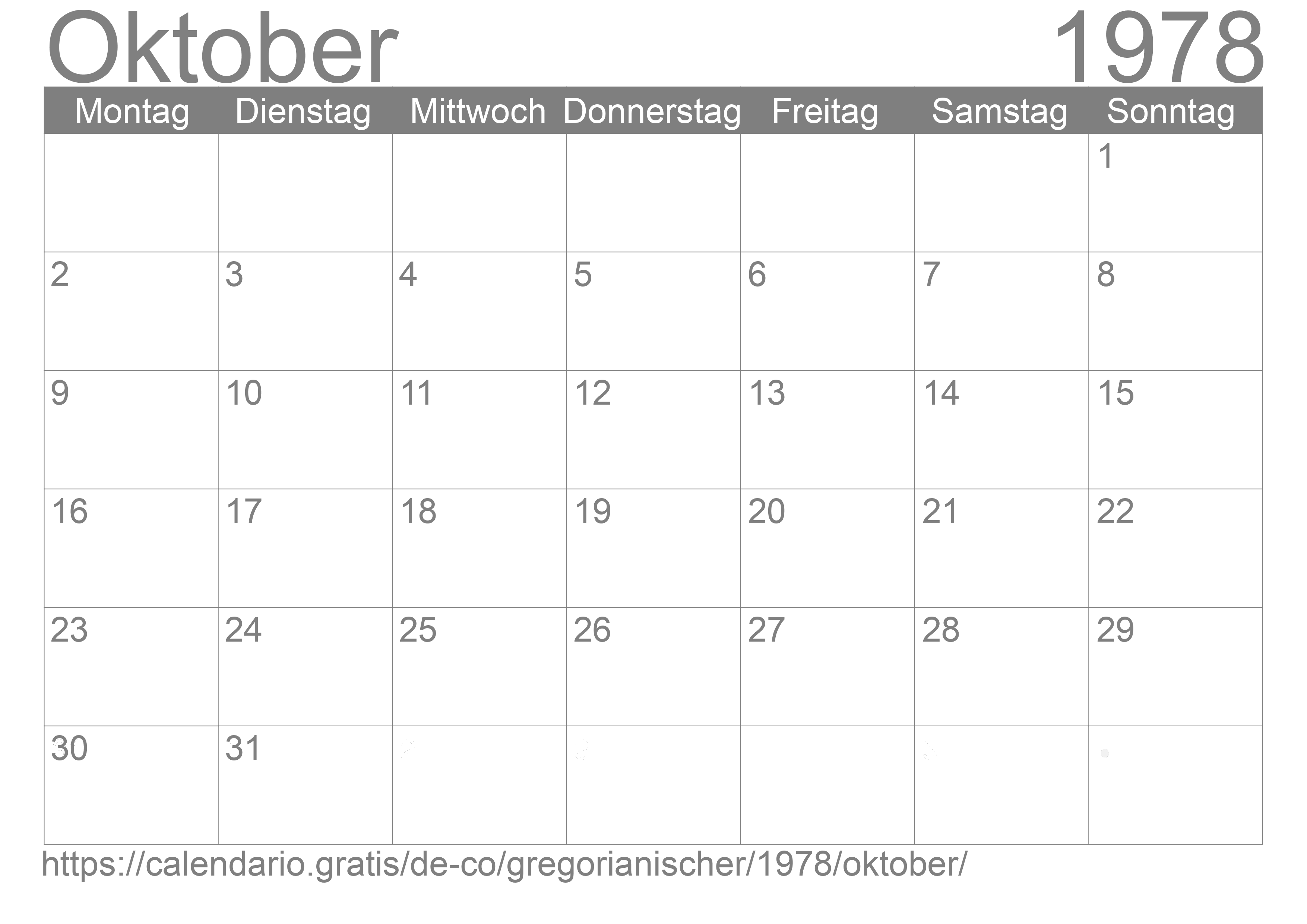 Kalender Oktober 1978 zum Ausdrucken