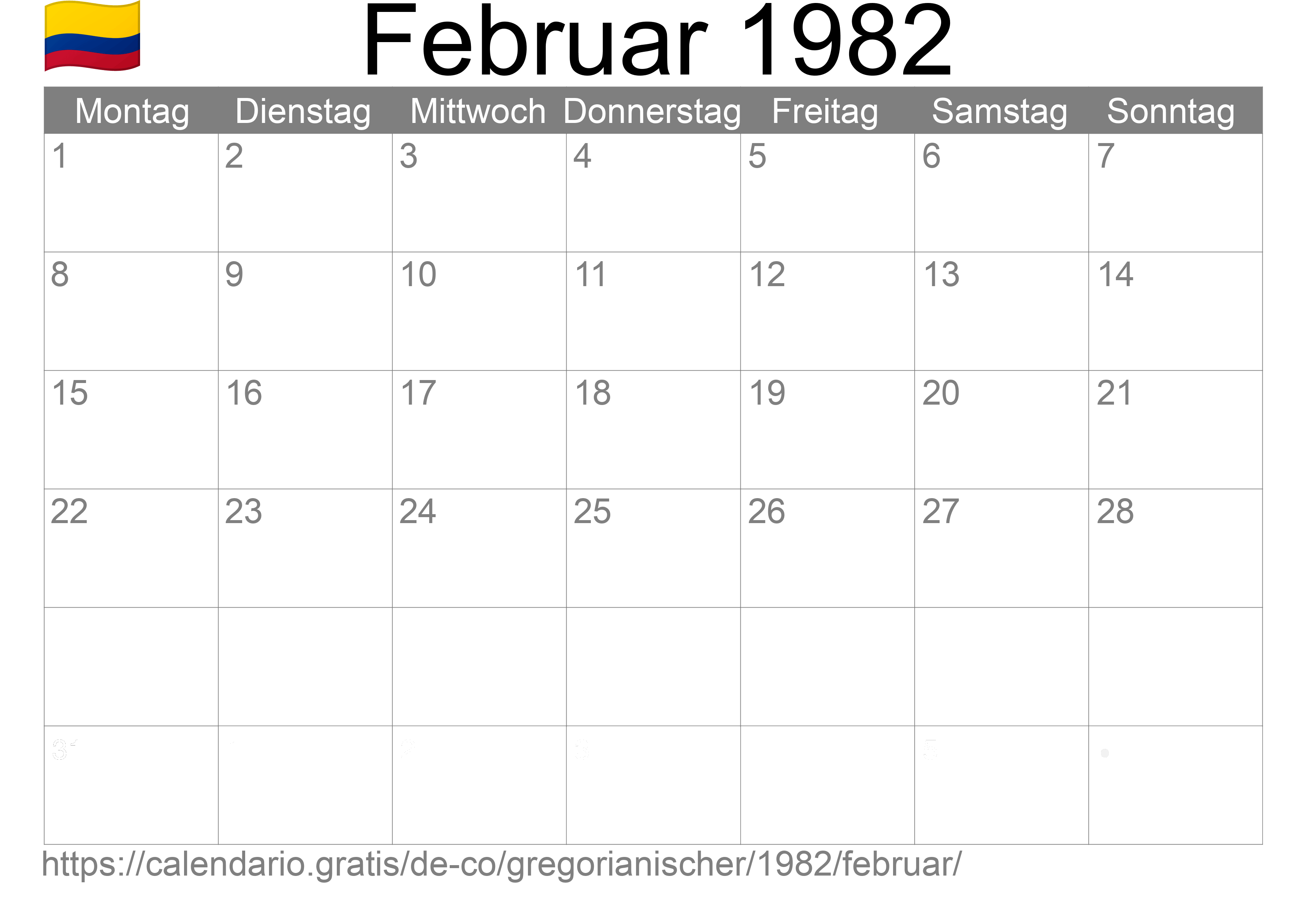 Kalender Februar 1982 zum Ausdrucken