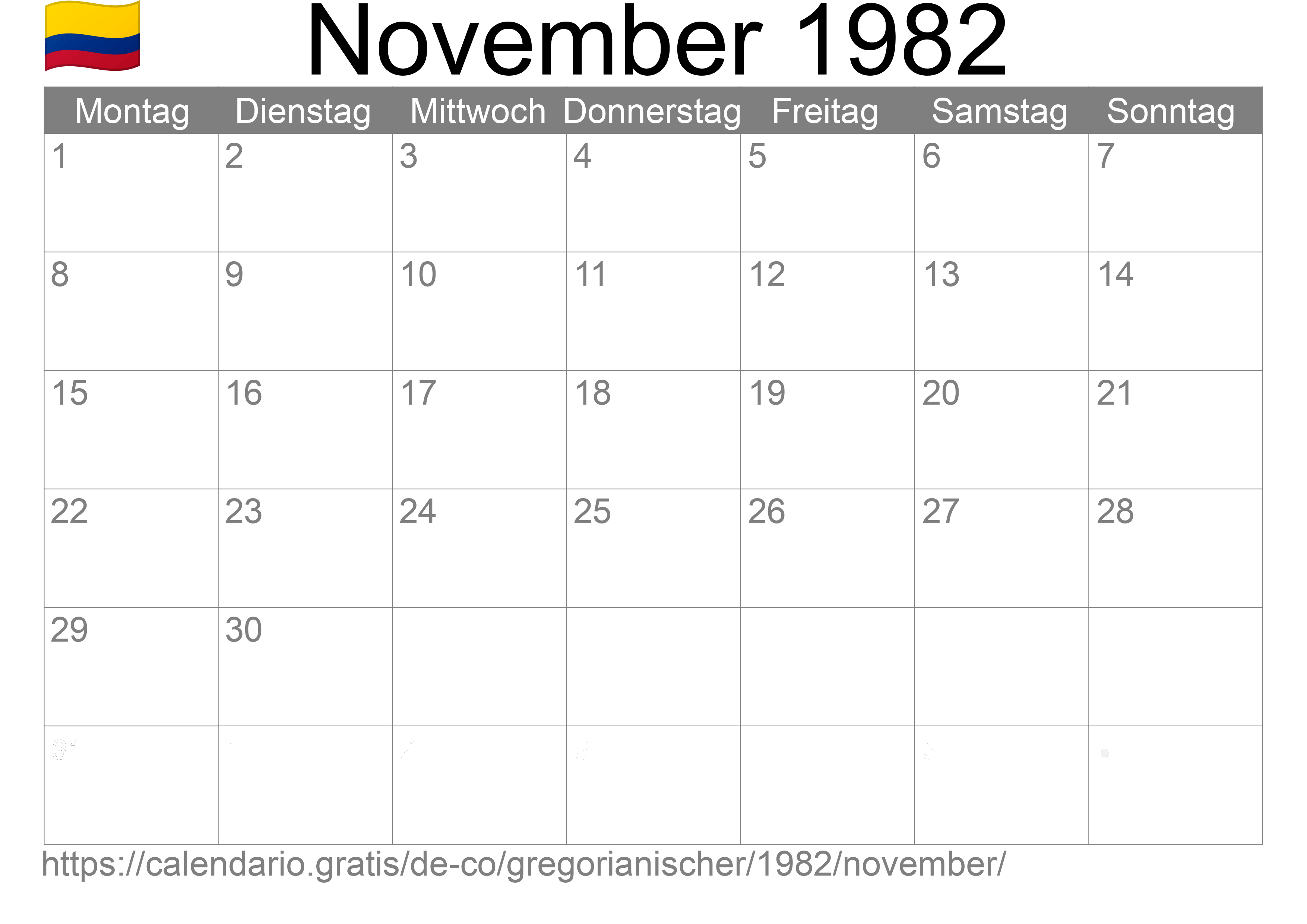 Kalender November 1982 zum Ausdrucken