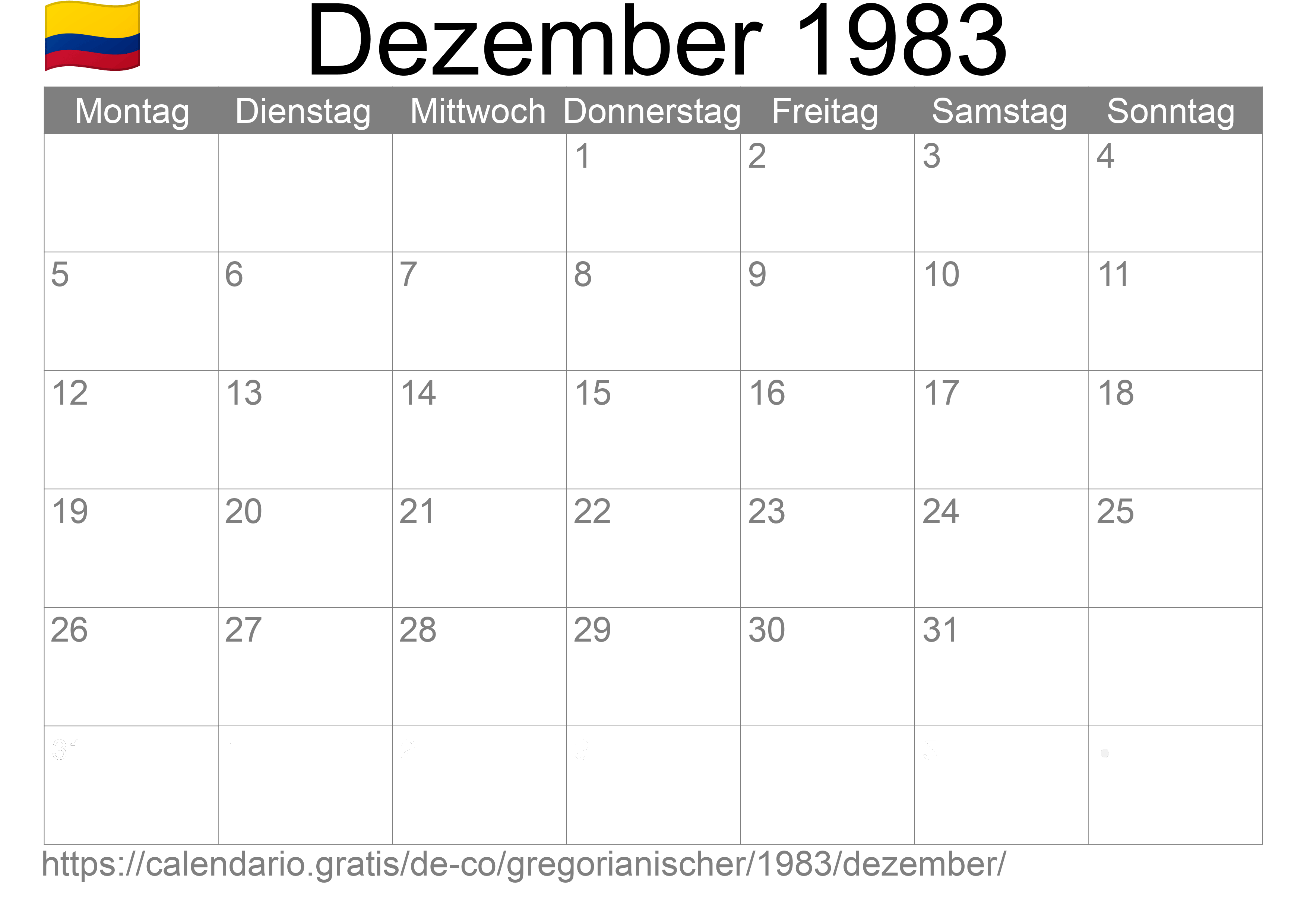 Kalender Dezember 1983 zum Ausdrucken