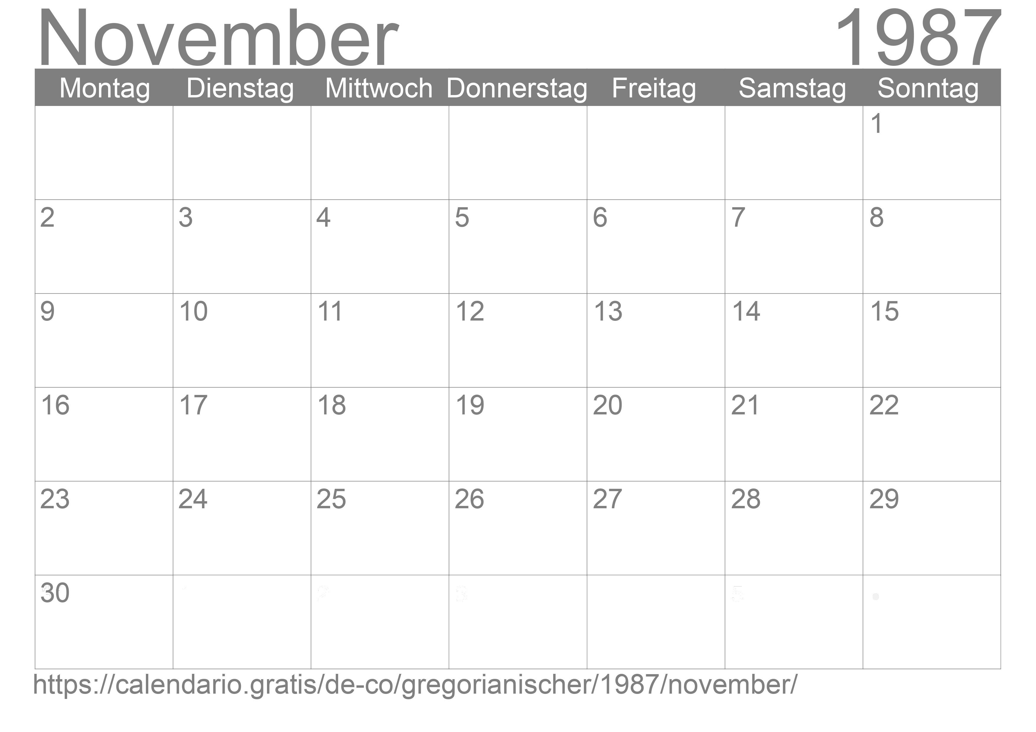 Kalender November 1987 zum Ausdrucken