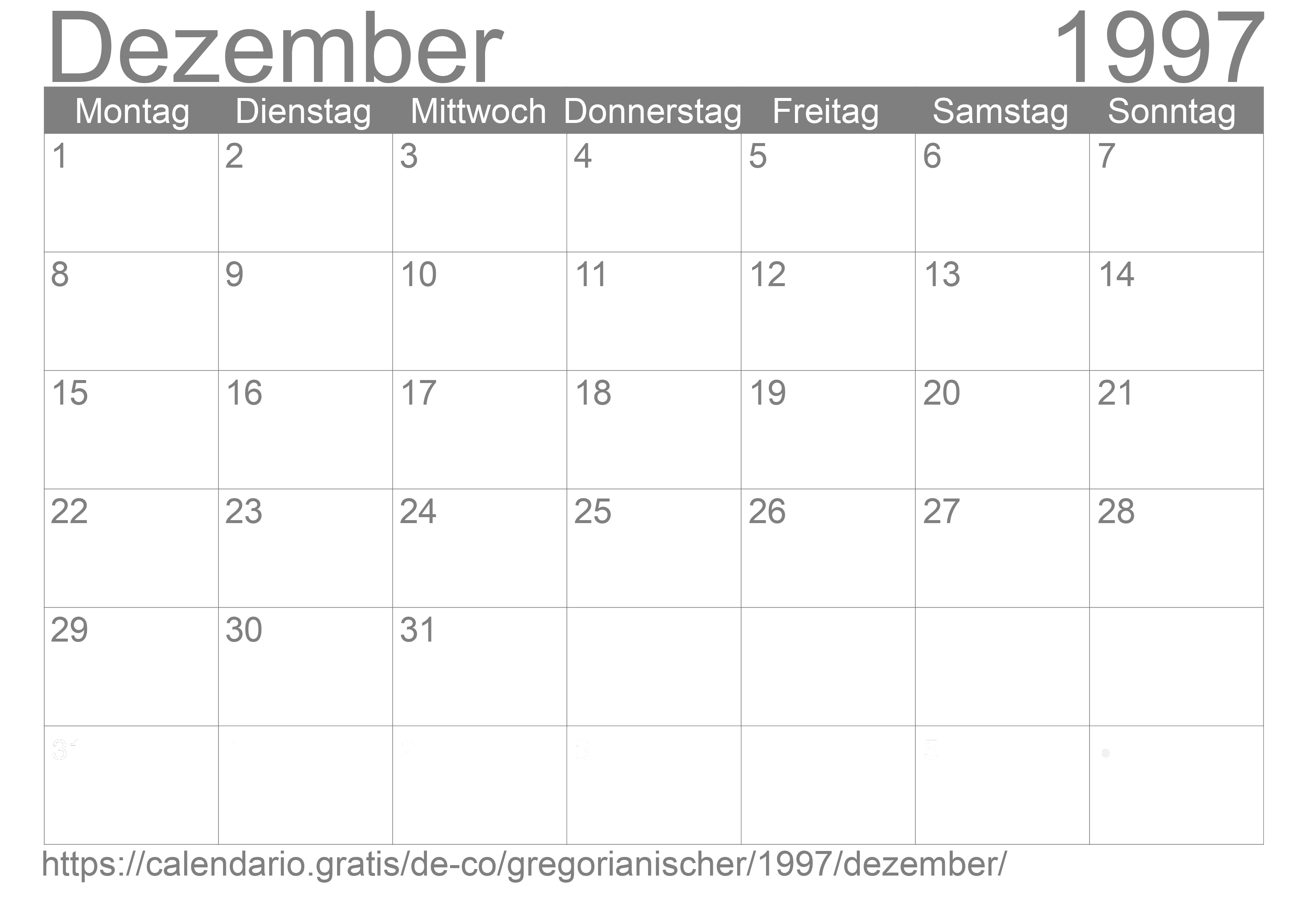 Kalender Dezember 1997 zum Ausdrucken