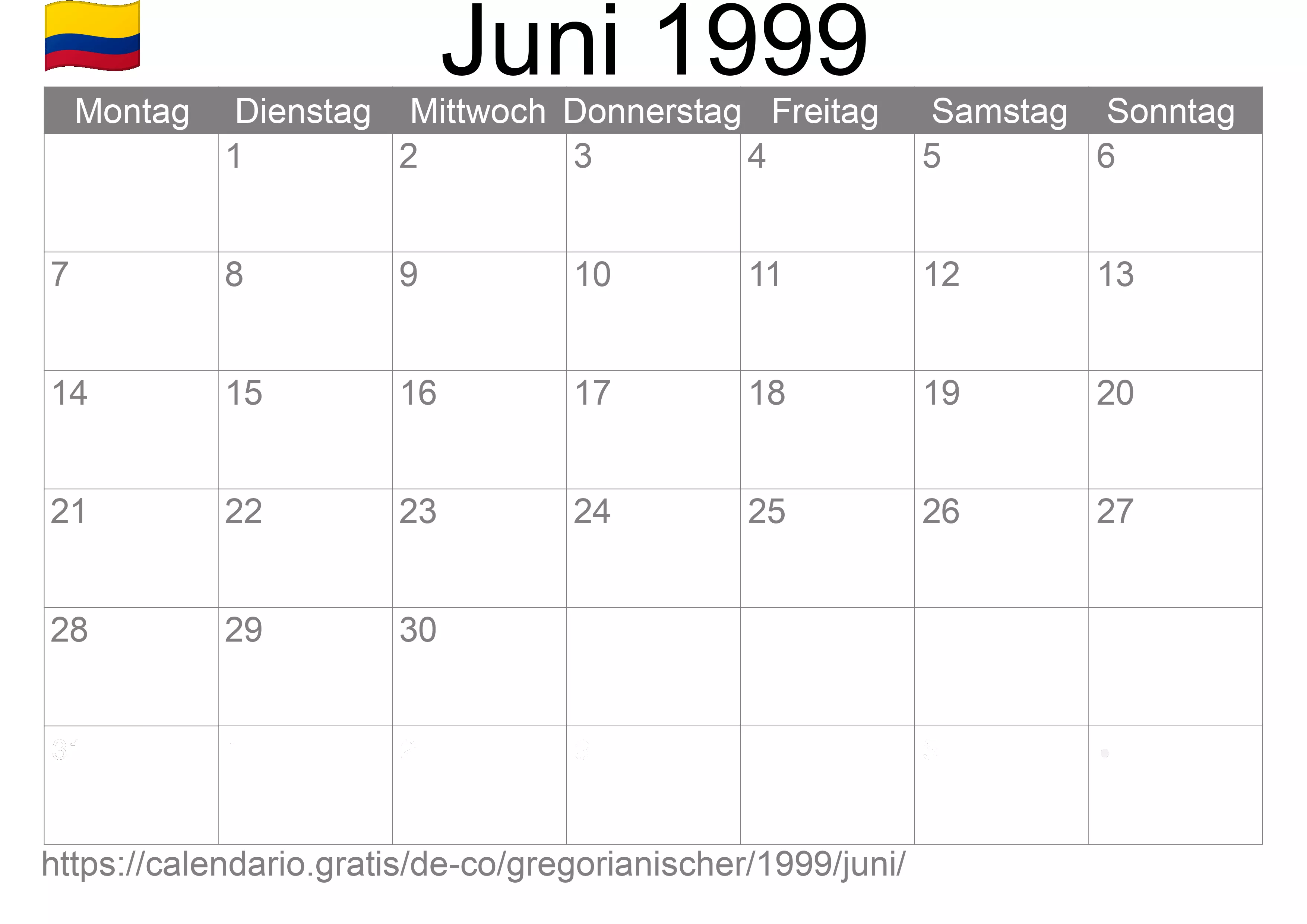 Kalender Juni 1999 zum Ausdrucken (Kolumbien)