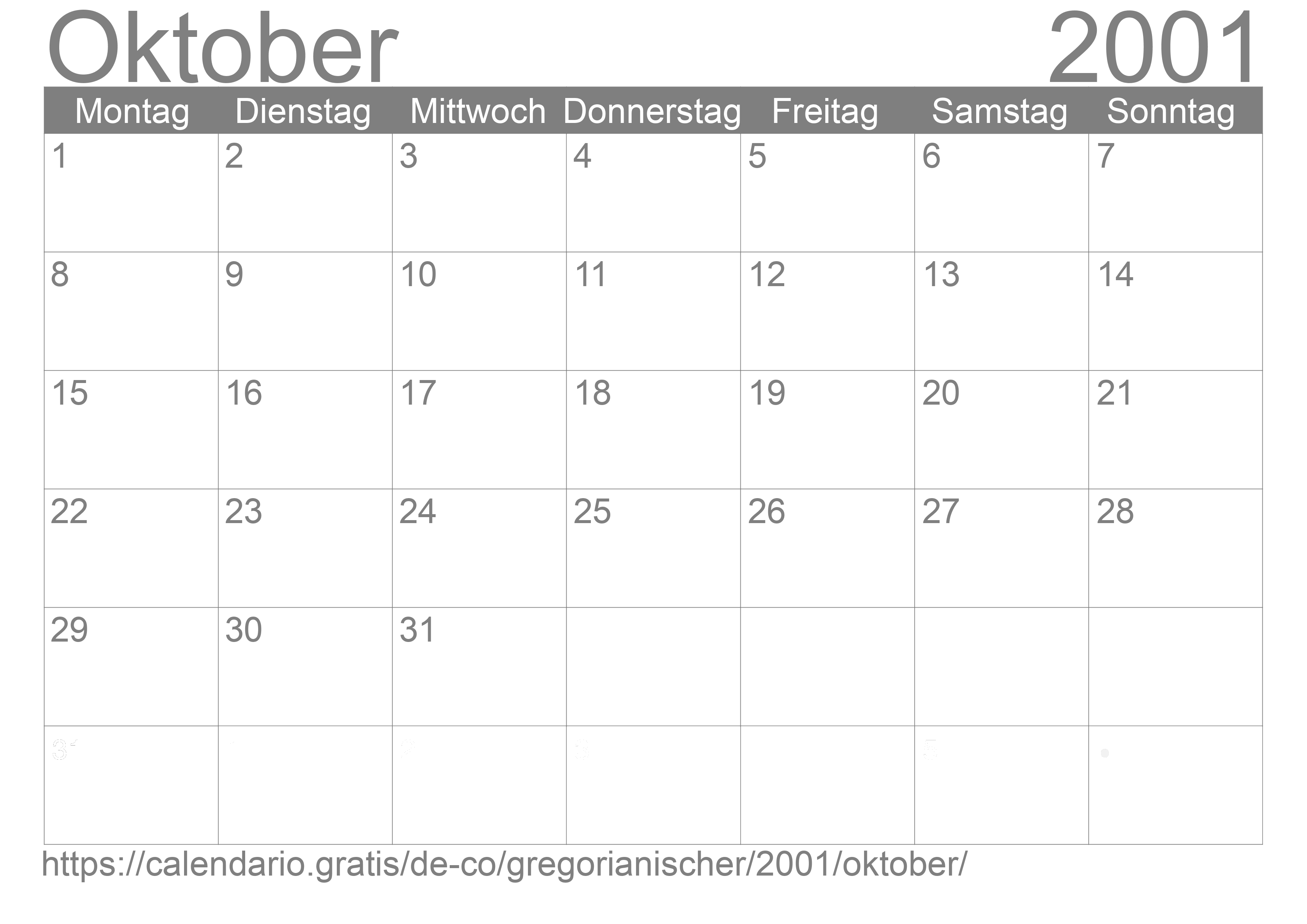 Kalender Oktober 2001 zum Ausdrucken