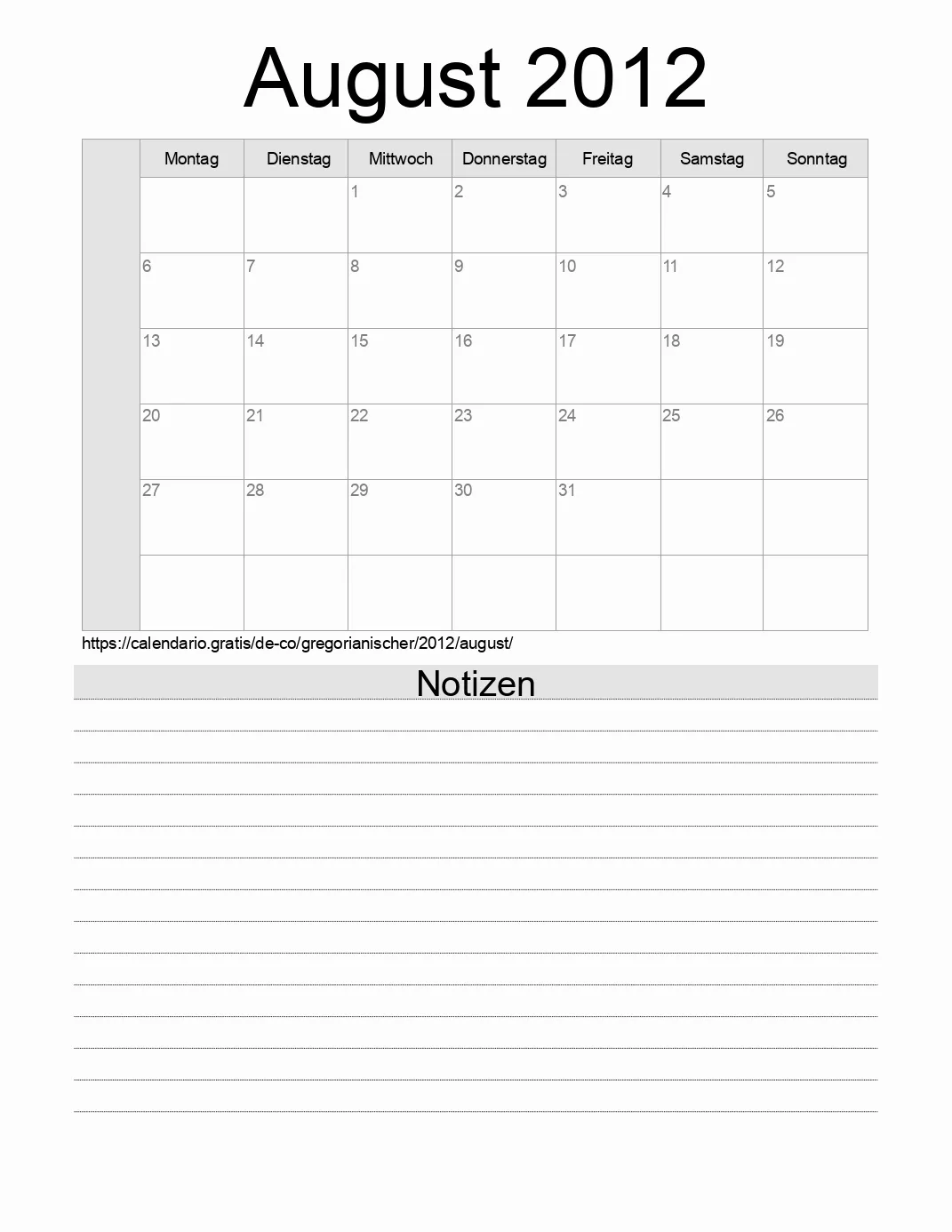 Kalender für August 2012 zum Drucken mit Notizen. (Kolumbien) Kalender für August 2012 zum Drucken mit Notizen. (Kolumbien)