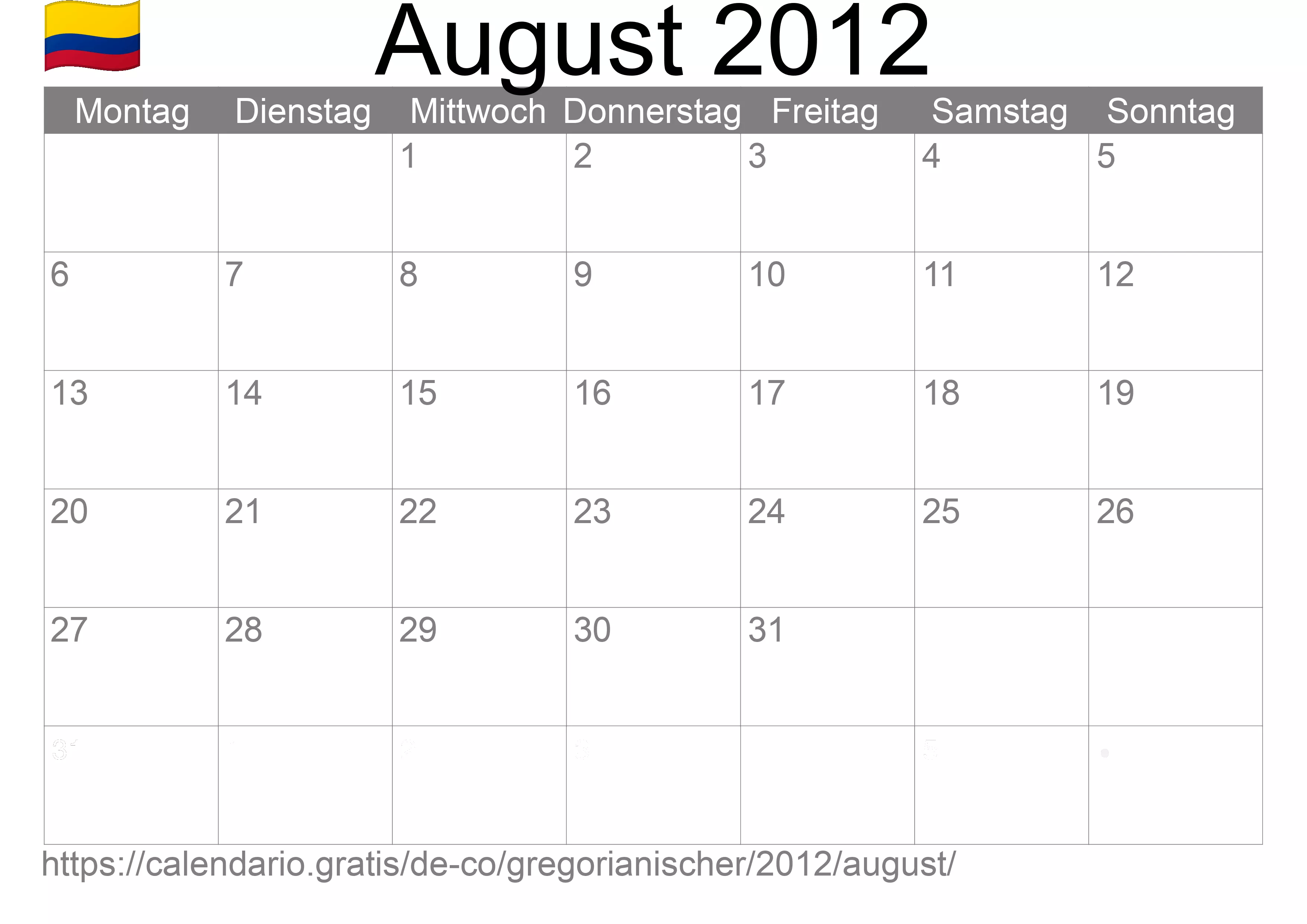 Kalender August 2012 zum Ausdrucken (Kolumbien) Kalender August 2012 zum Ausdrucken (Kolumbien)