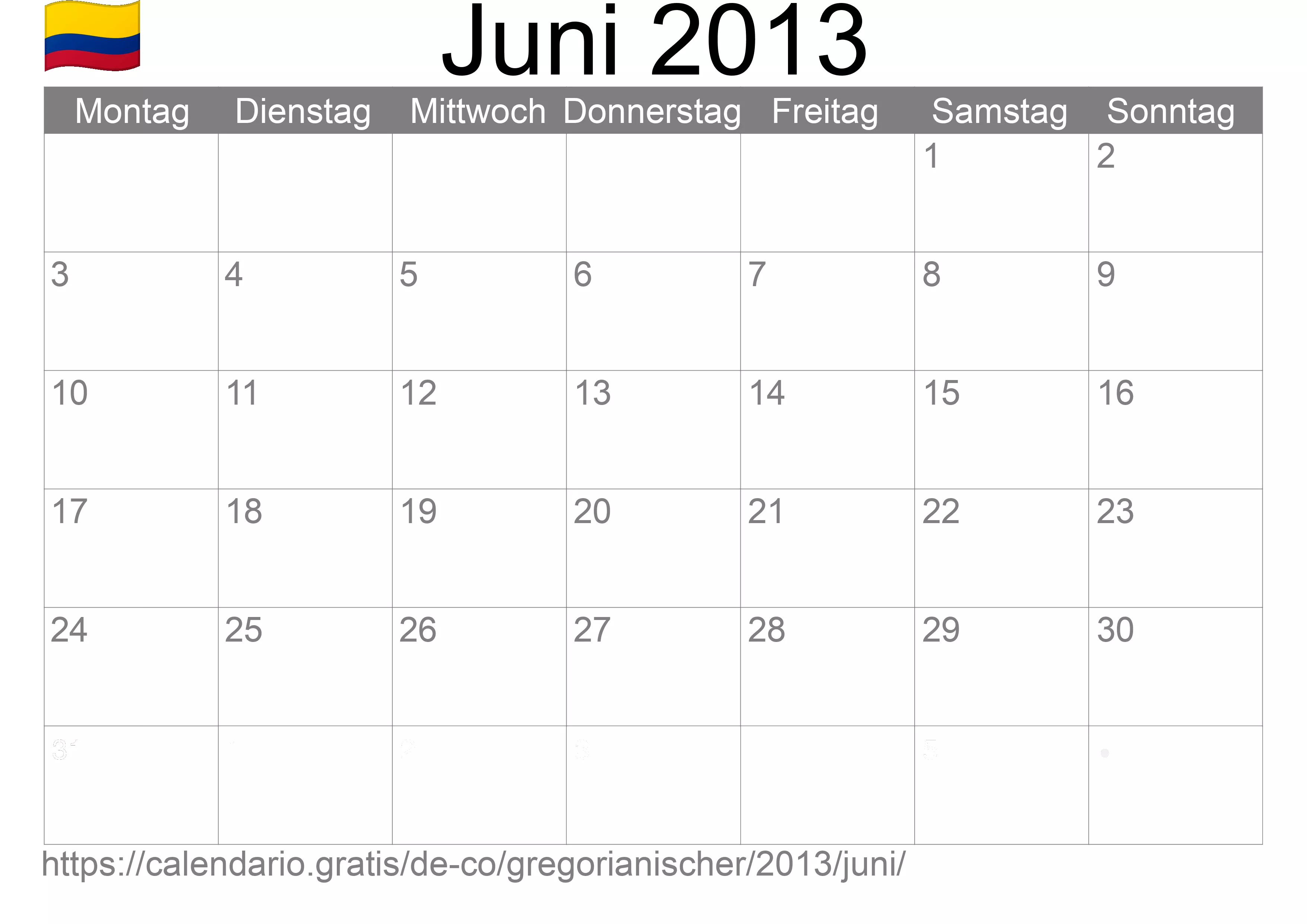 Kalender Juni 2013 zum Ausdrucken (Kolumbien)