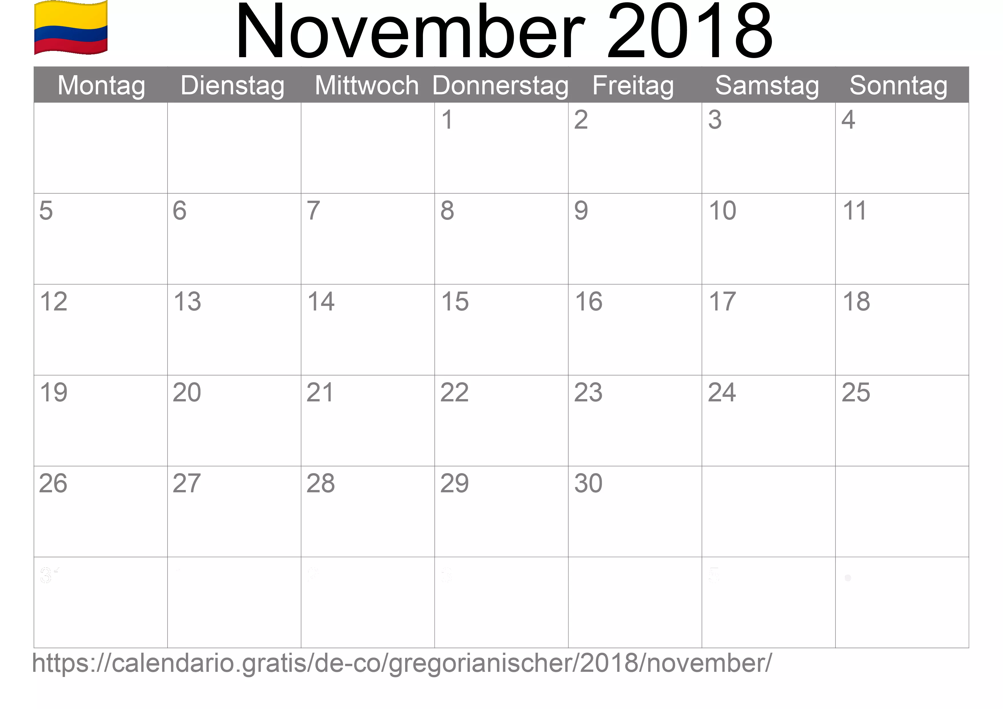 Kalender November 2018 zum Ausdrucken (Kolumbien)