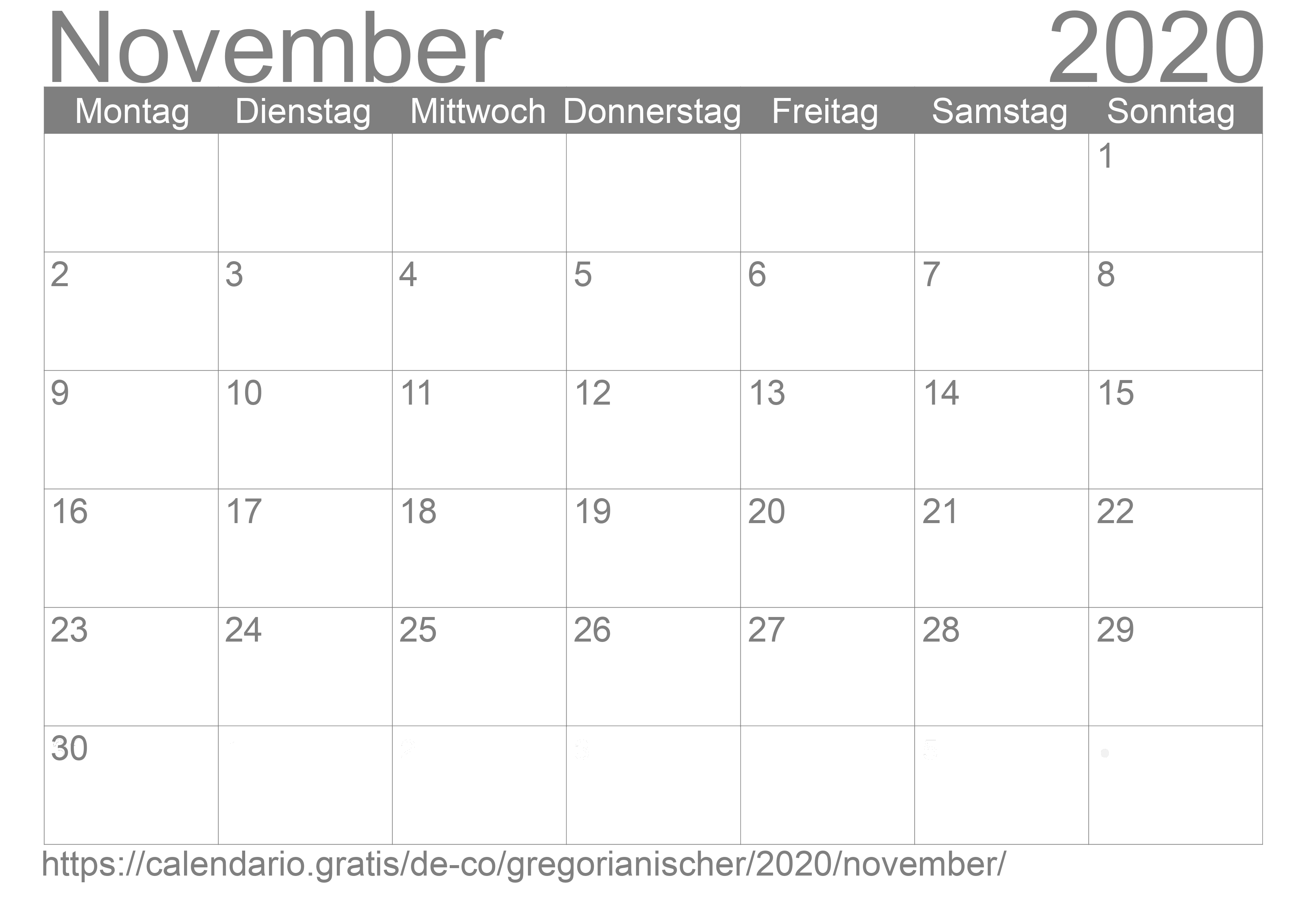 Kalender November 2020 zum Ausdrucken