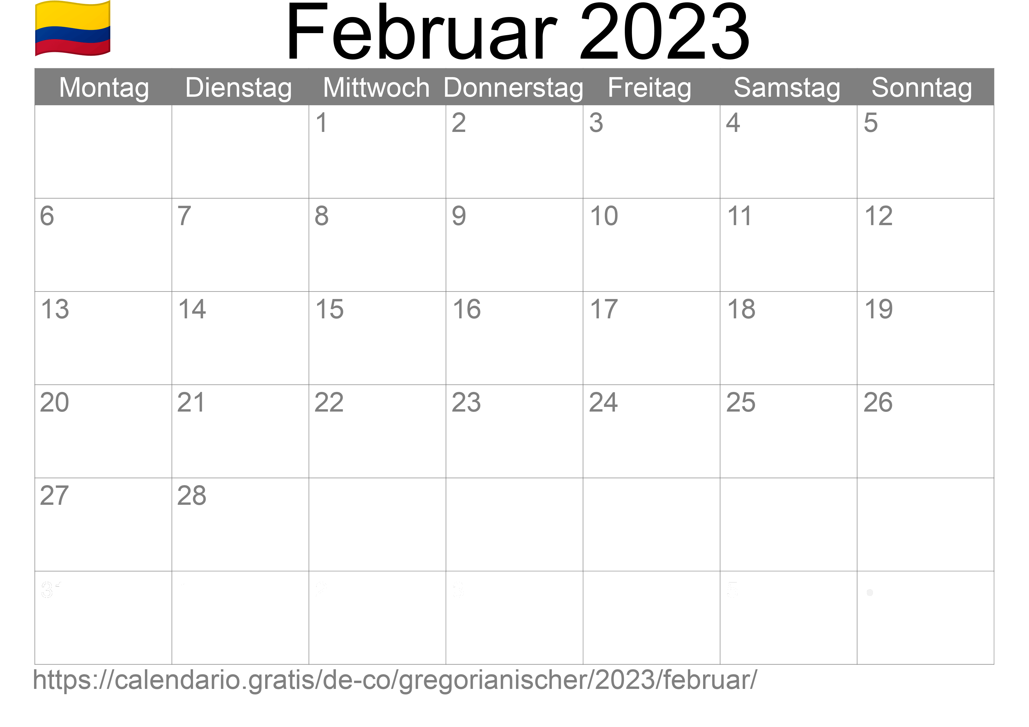 Kalender Februar 2023 zum Ausdrucken