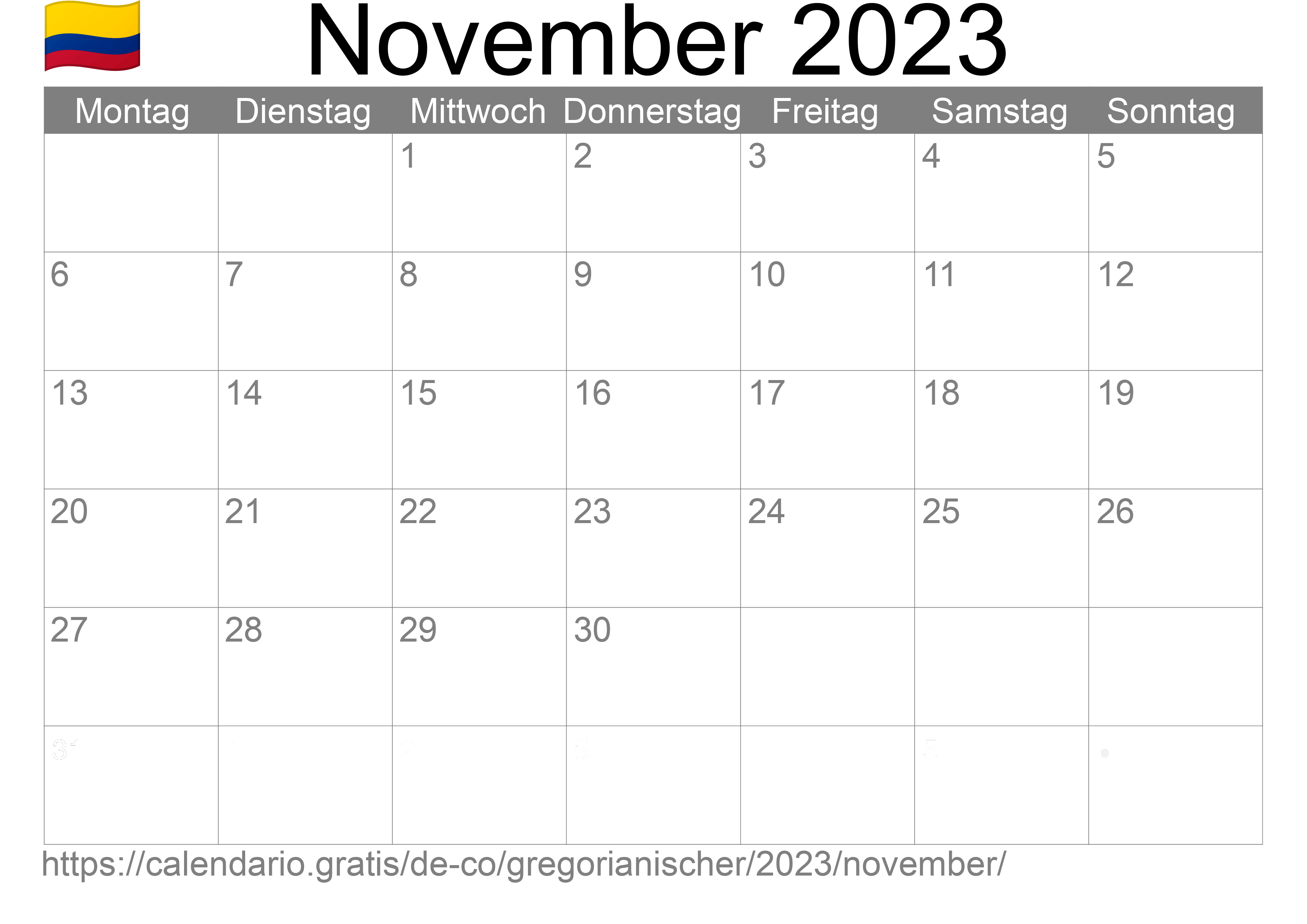 Kalender November 2023 zum Ausdrucken