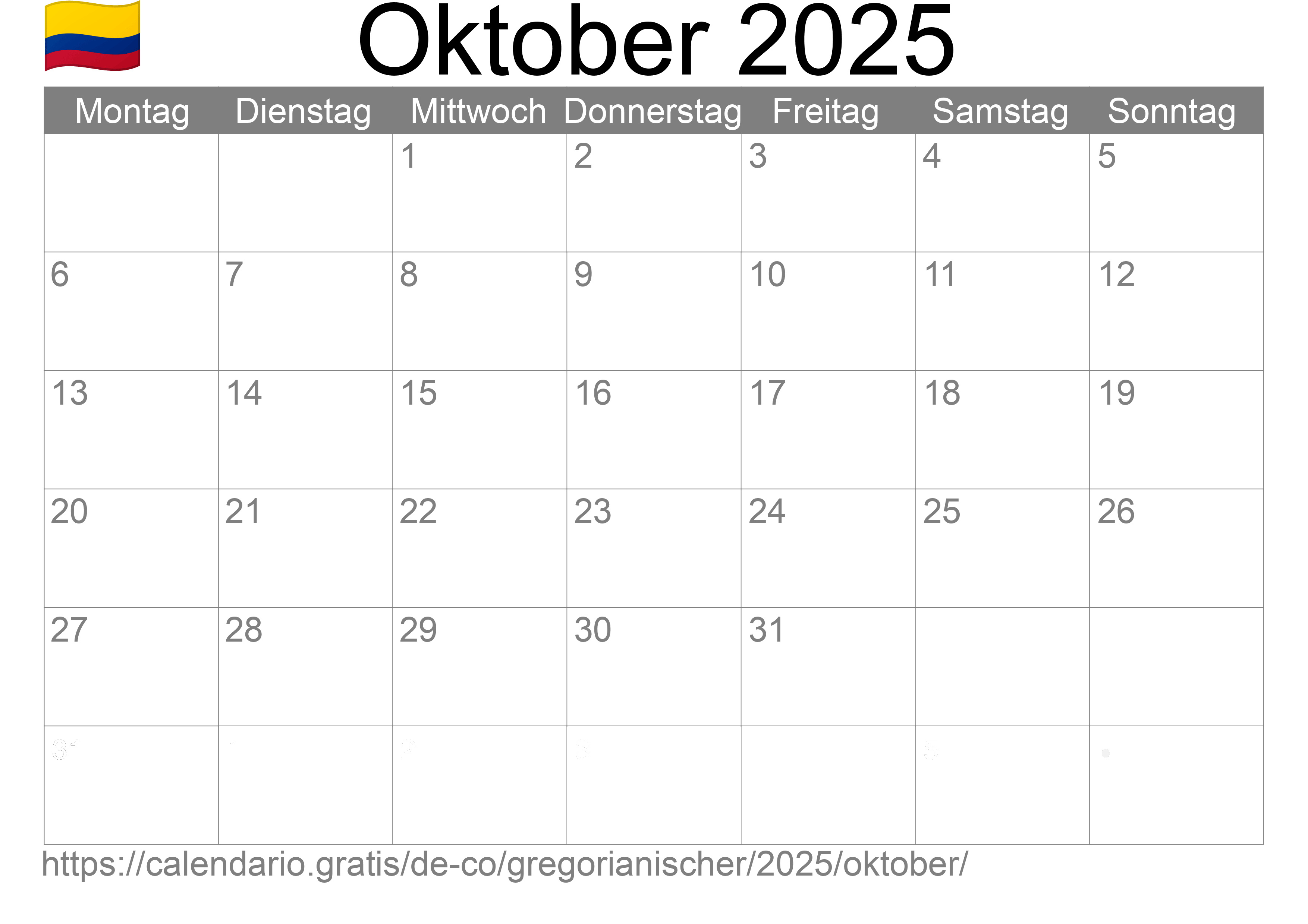 Kalender Oktober 2025 zum Ausdrucken