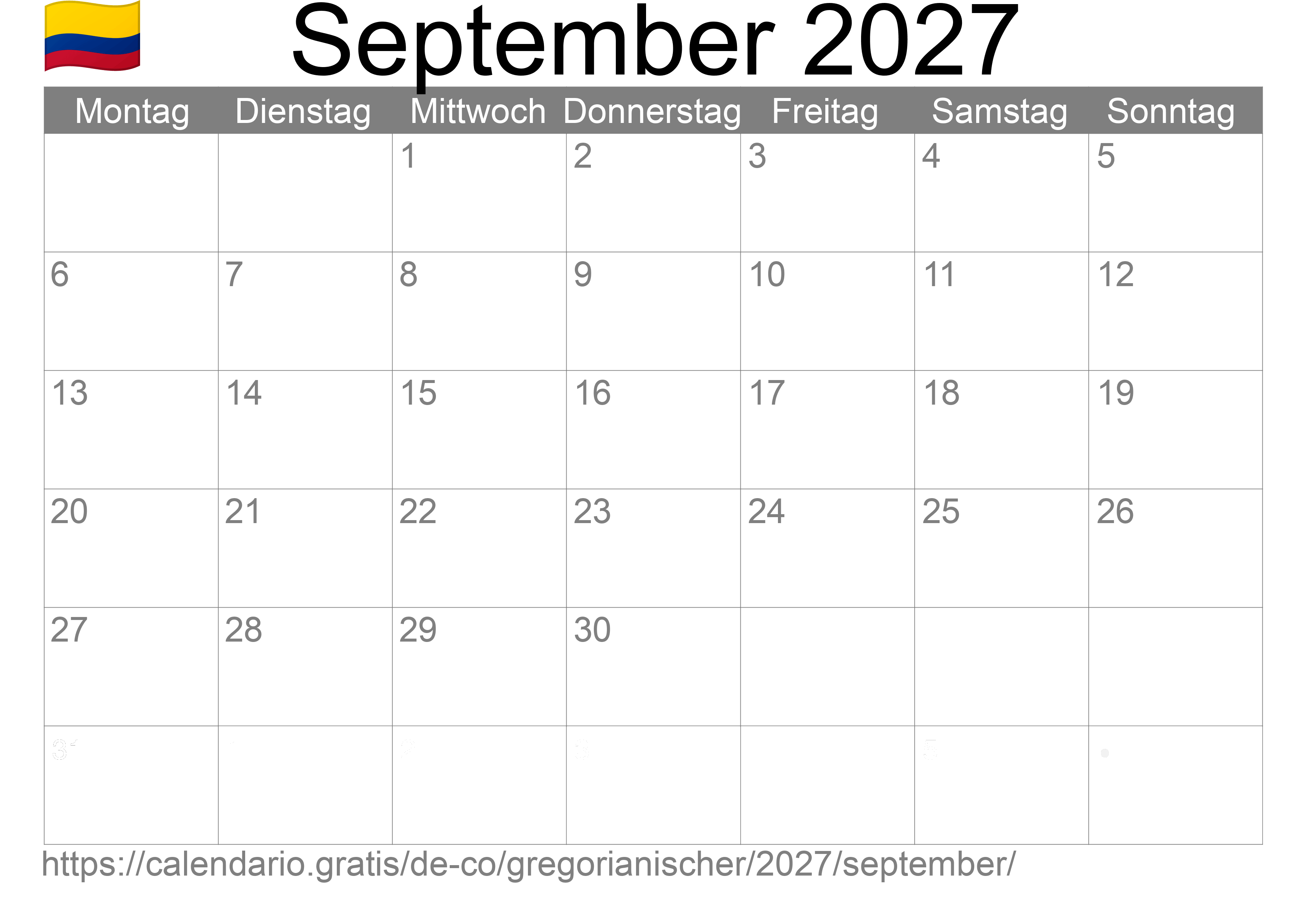 Kalender September 2027 zum Ausdrucken