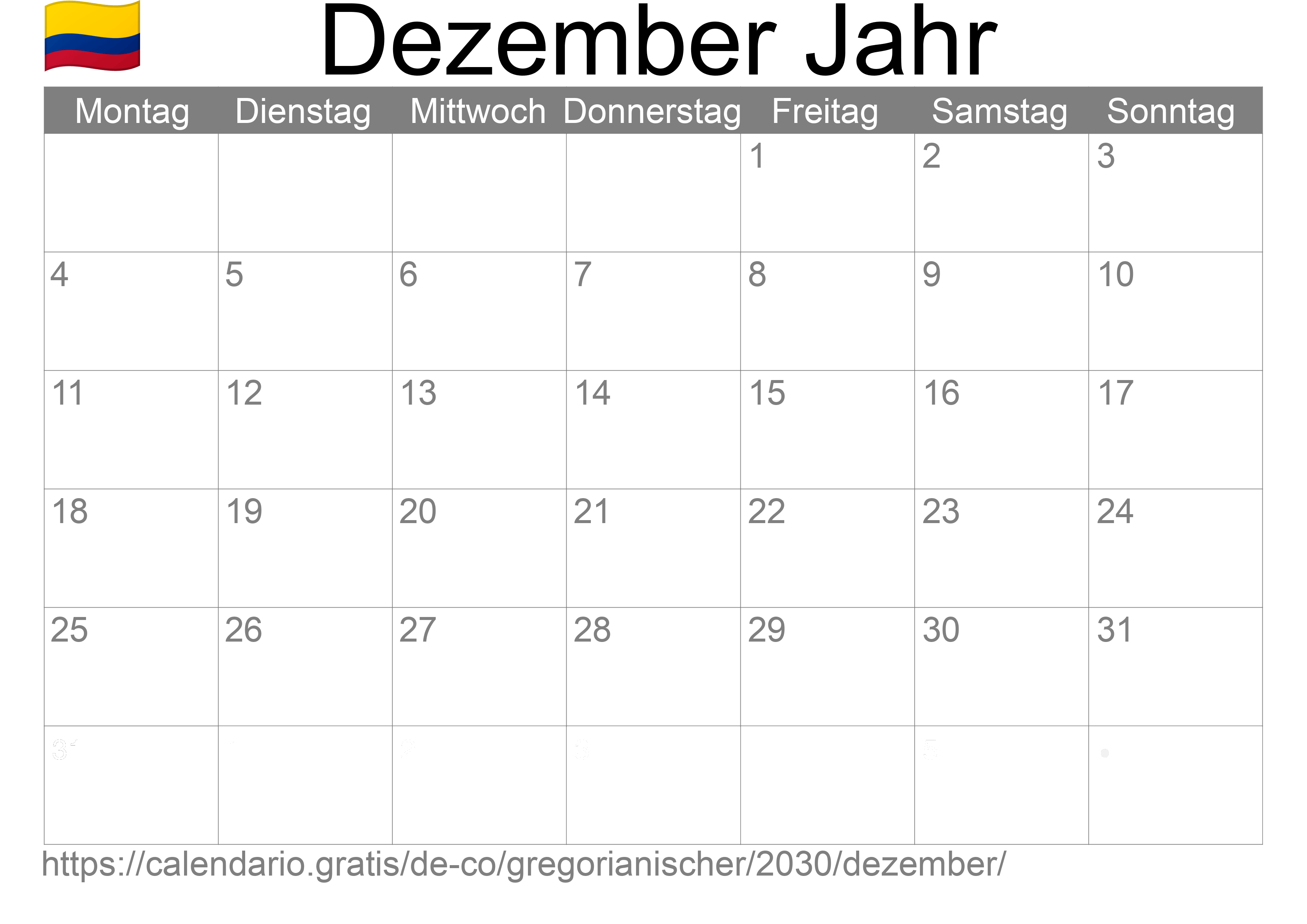 Kalender Dezember 2030 zum Ausdrucken