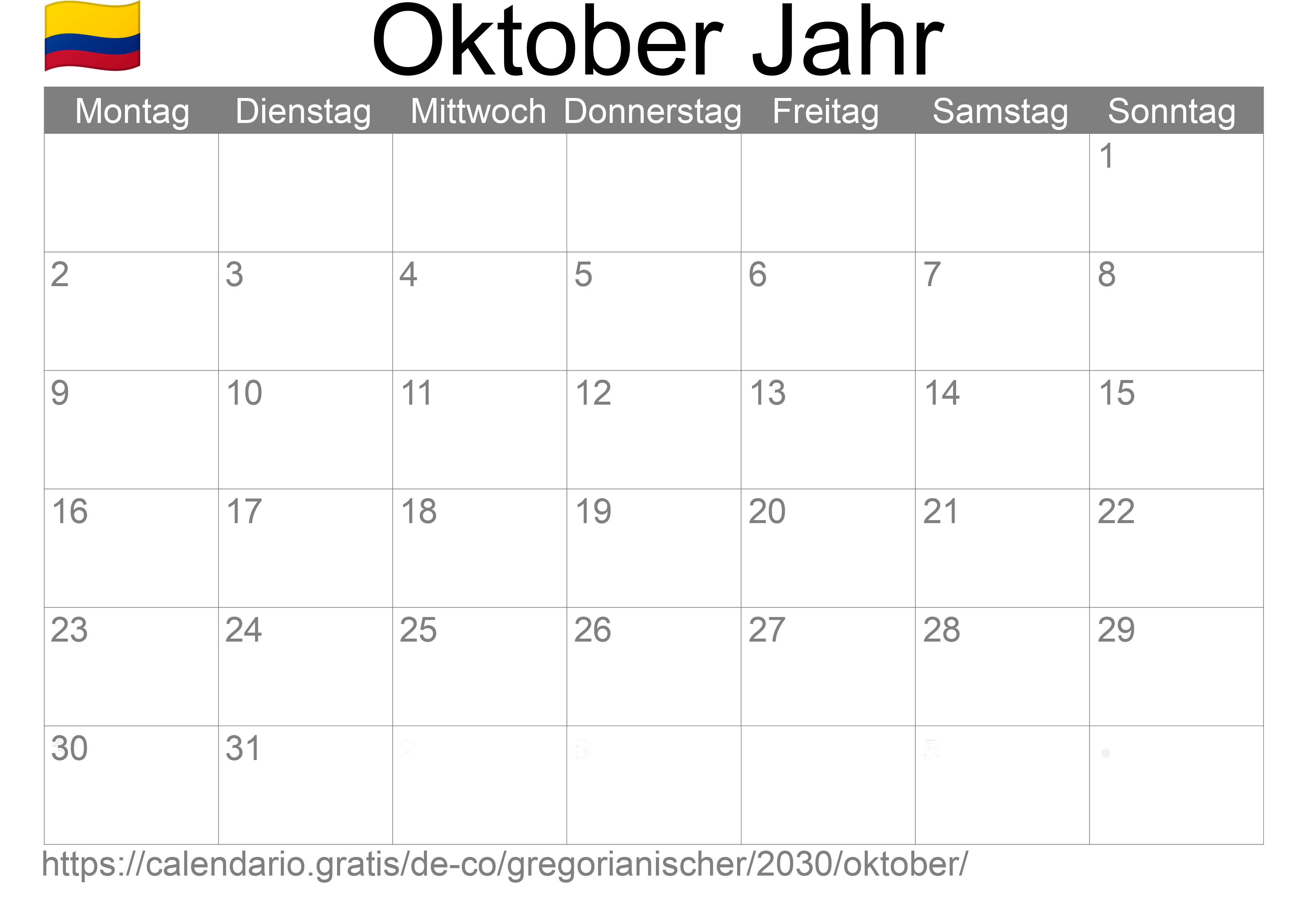 Kalender Oktober 2030 zum Ausdrucken