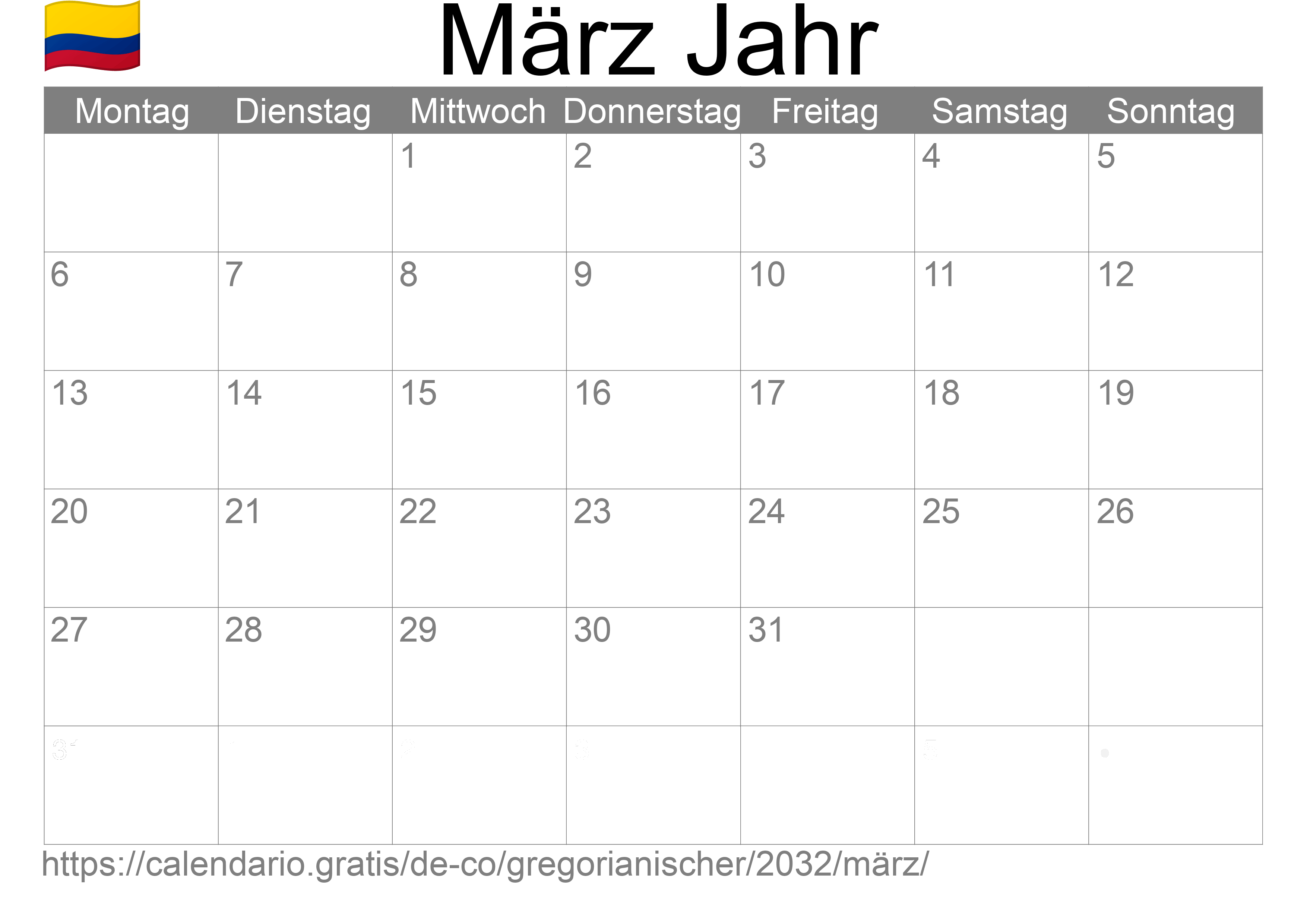 Kalender März 2032 zum Ausdrucken