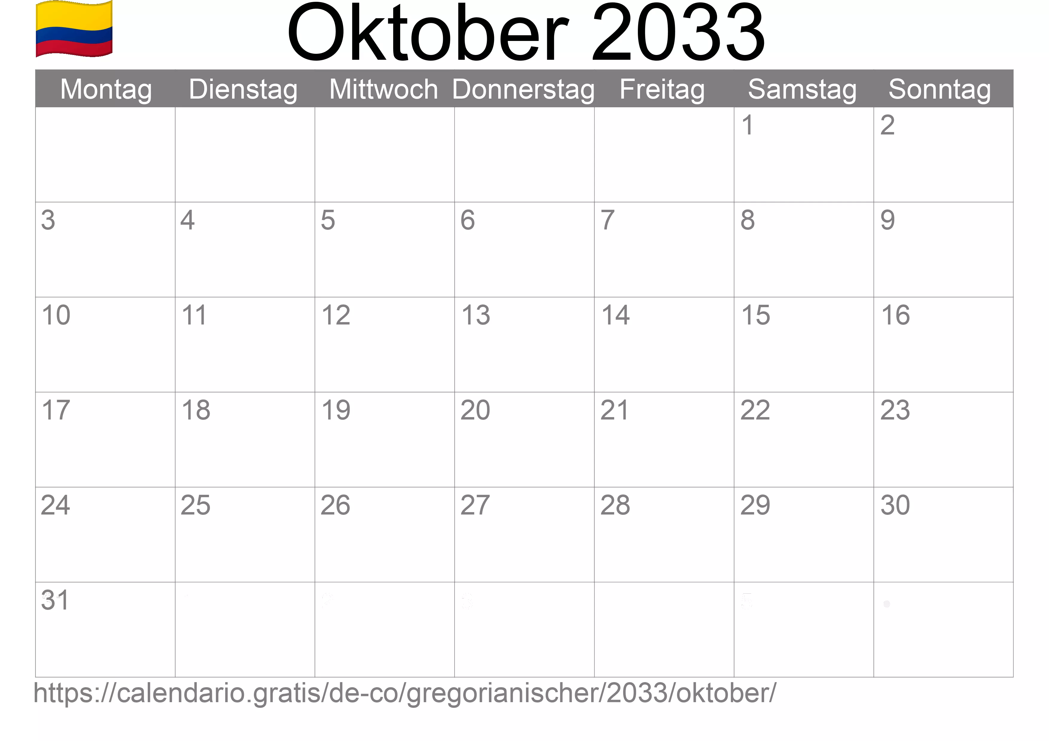 Kalender Oktober 2033 zum Ausdrucken (Kolumbien)
