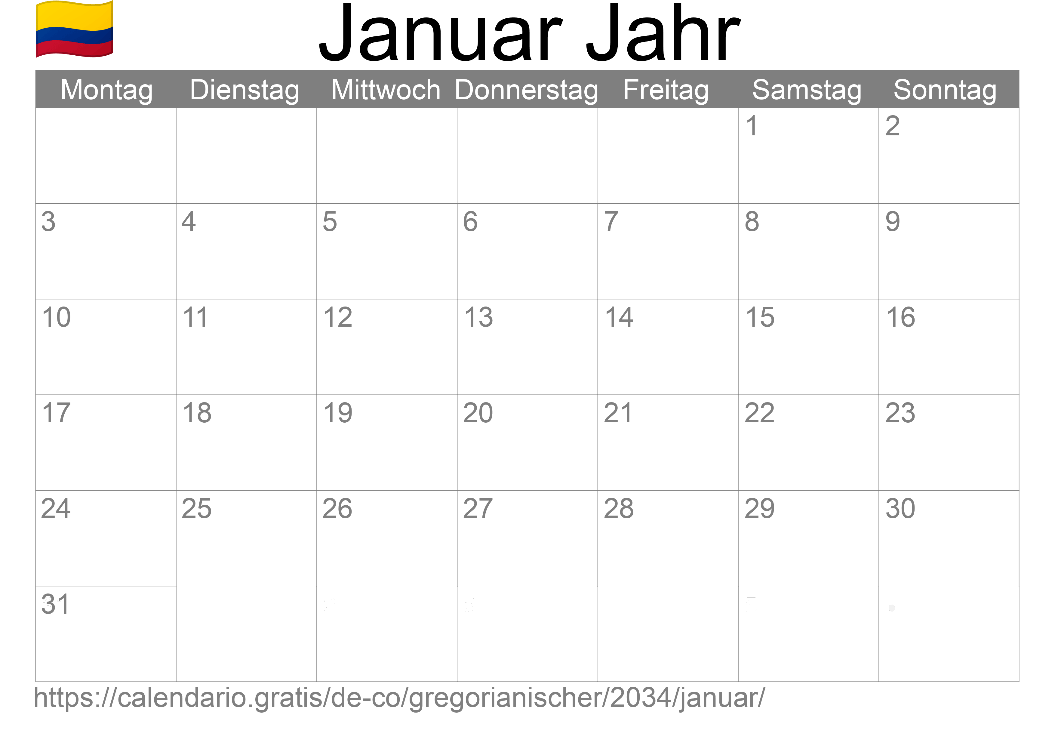 Kalender Januar 2034 zum Ausdrucken