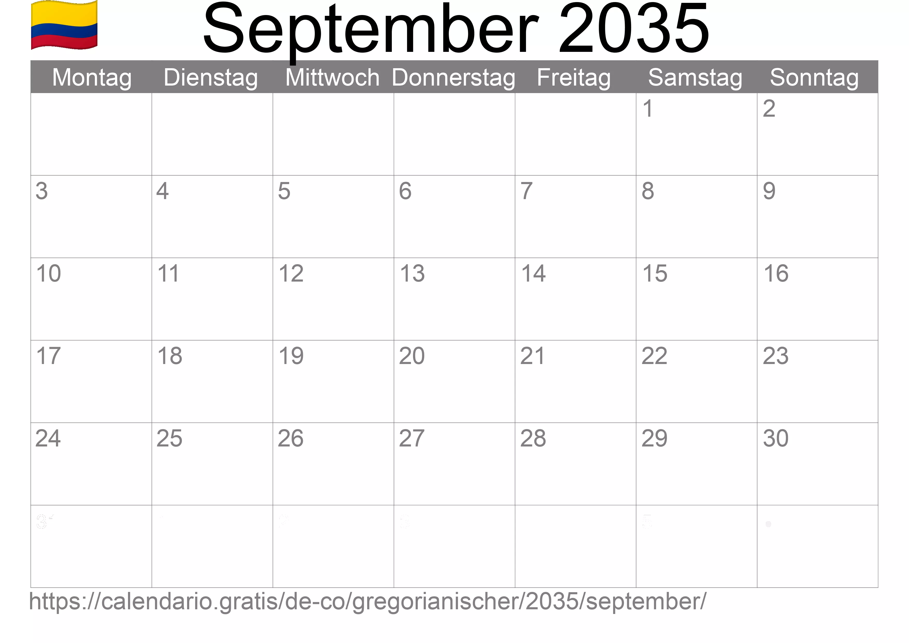 Kalender September 2035 zum Ausdrucken (Kolumbien)