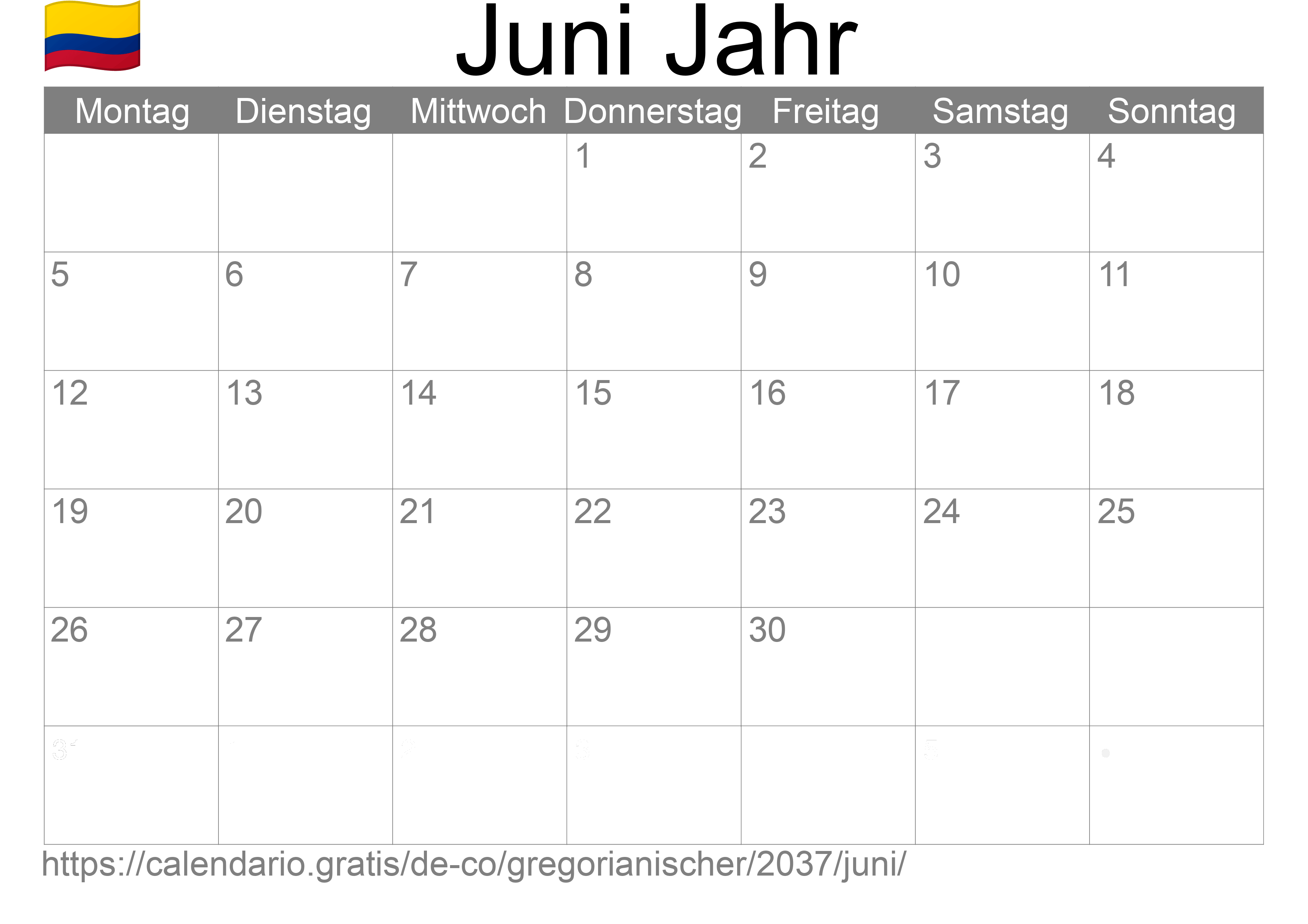 Kalender Juni 2037 zum Ausdrucken