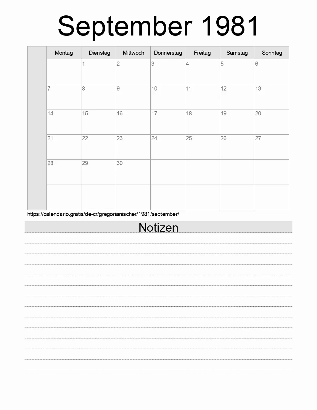 Kalender für September 1981 zum Drucken mit Notizen. (Costa Rica)