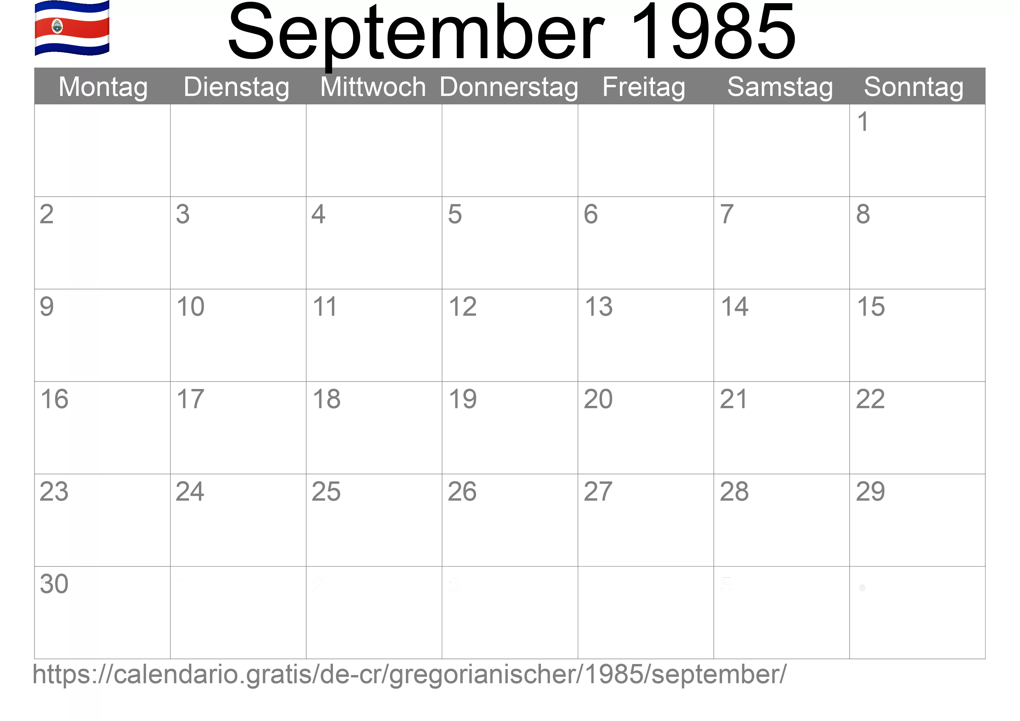 Kalender September 1985 zum Ausdrucken (Costa Rica)