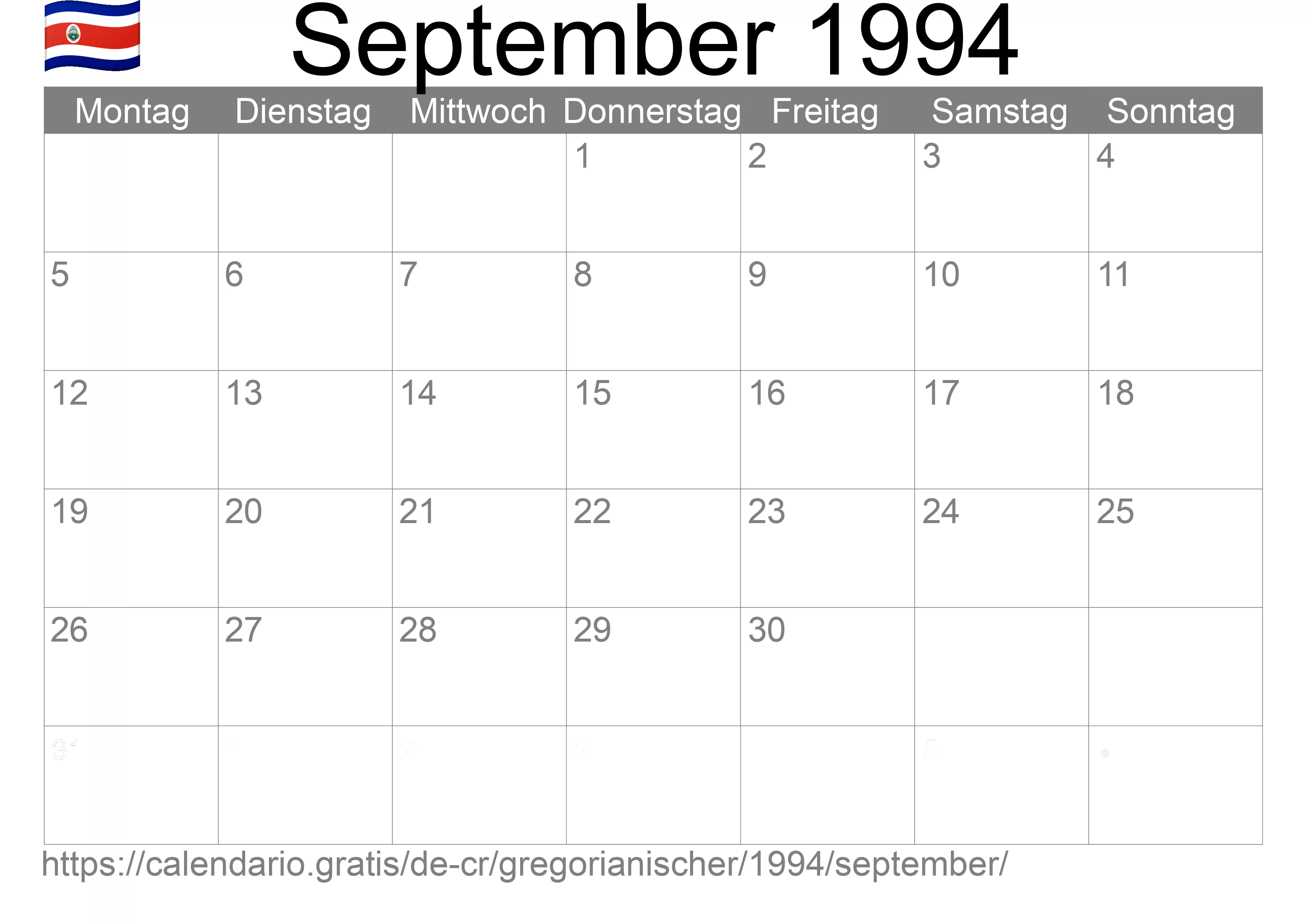 Kalender September 1994 zum Ausdrucken (Costa Rica)