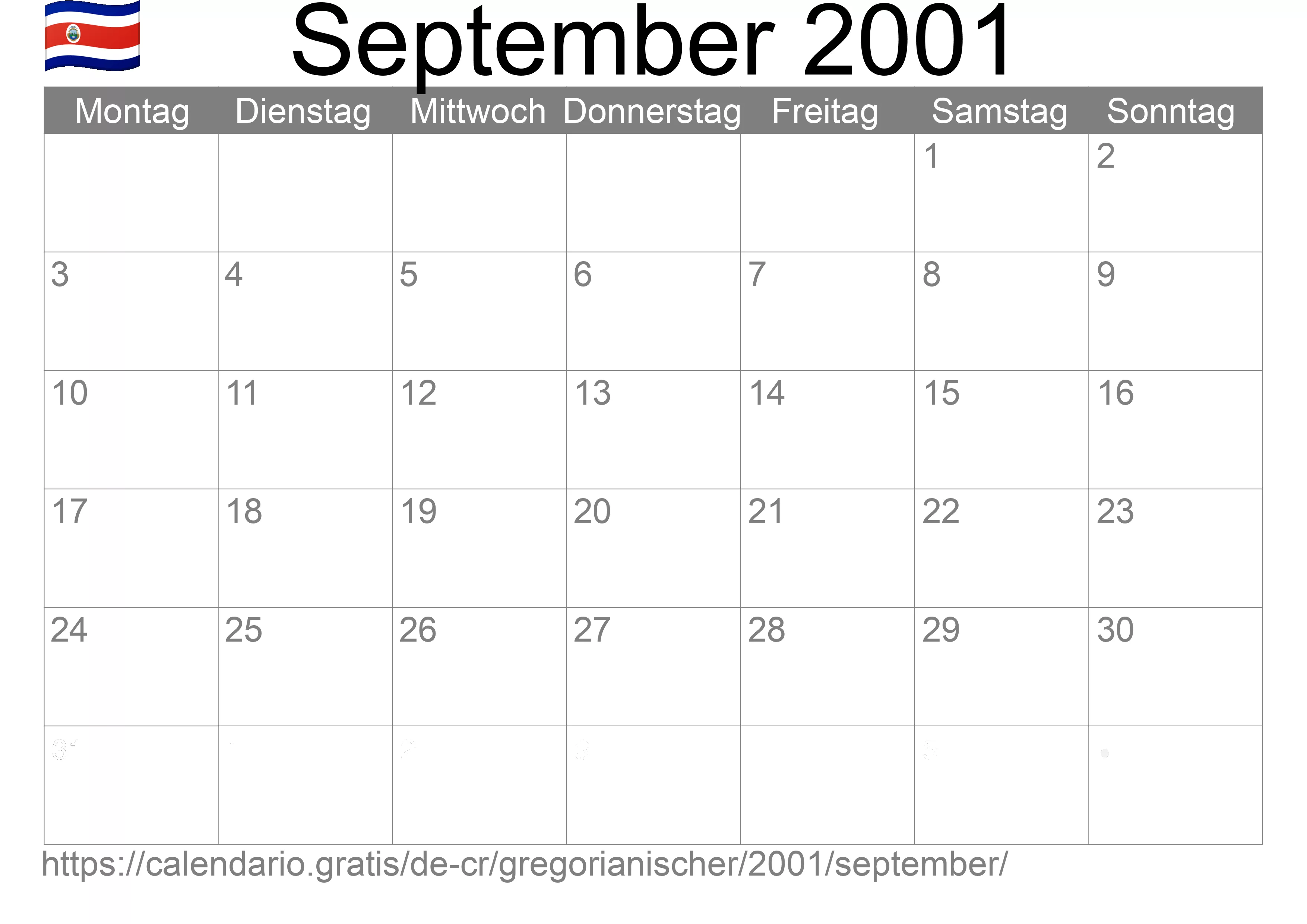Kalender September 2001 zum Ausdrucken (Costa Rica)