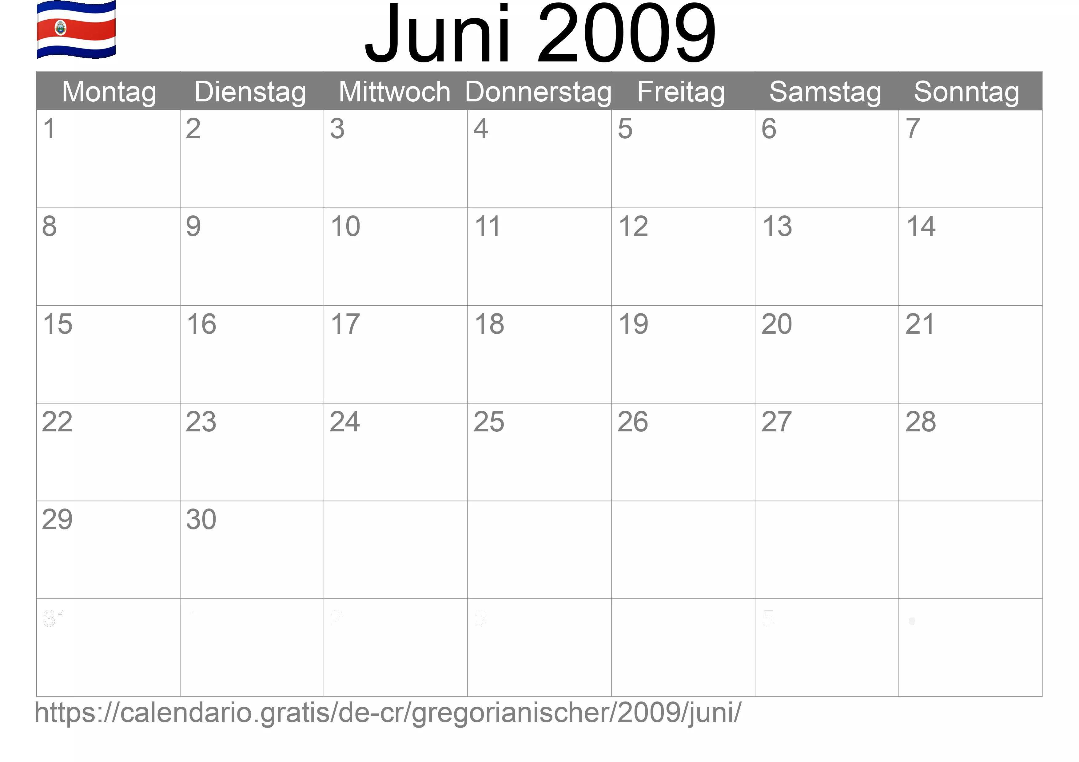 Kalender Juni 2009 zum Ausdrucken (Costa Rica)