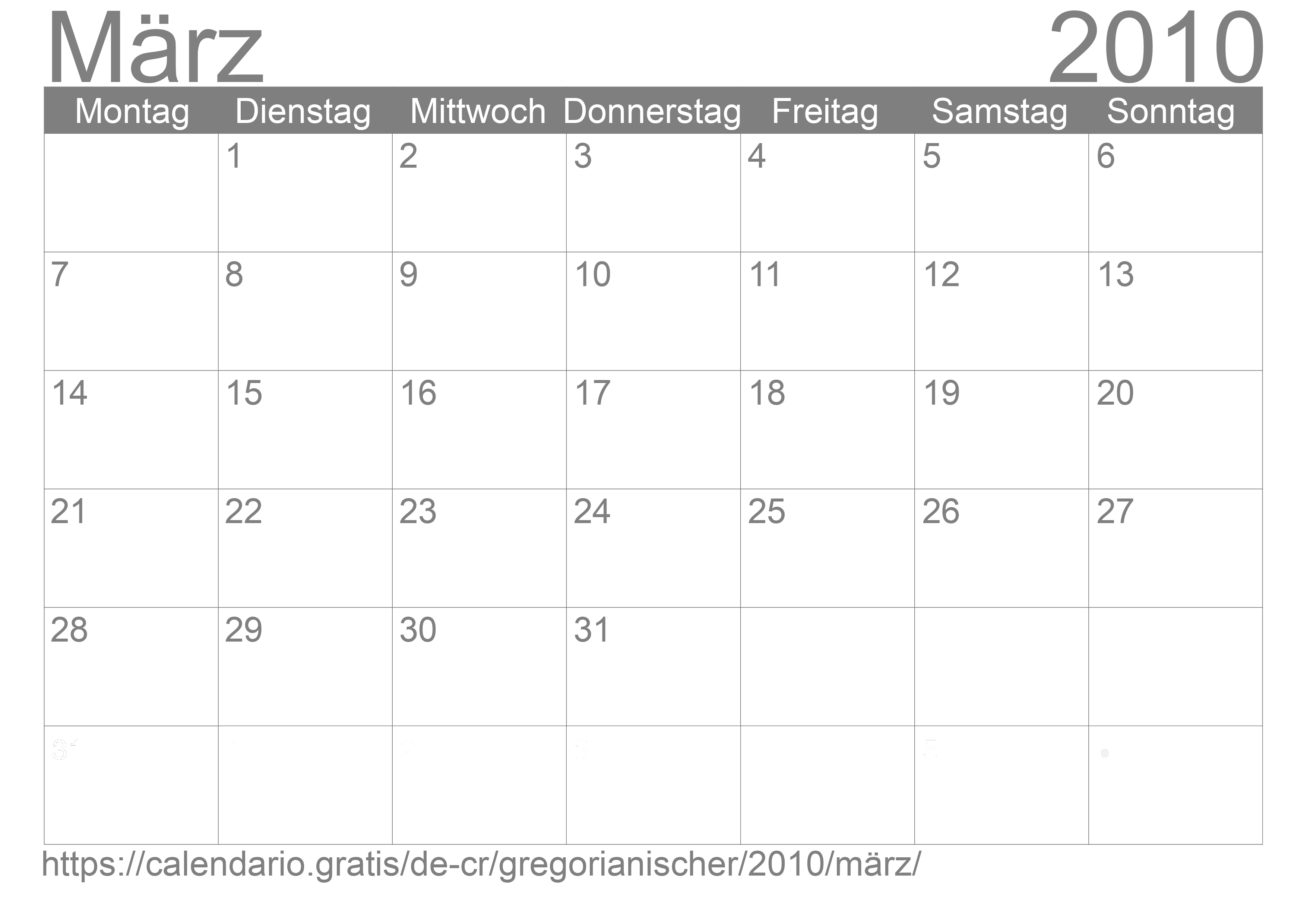 Kalender März 2010 zum Ausdrucken