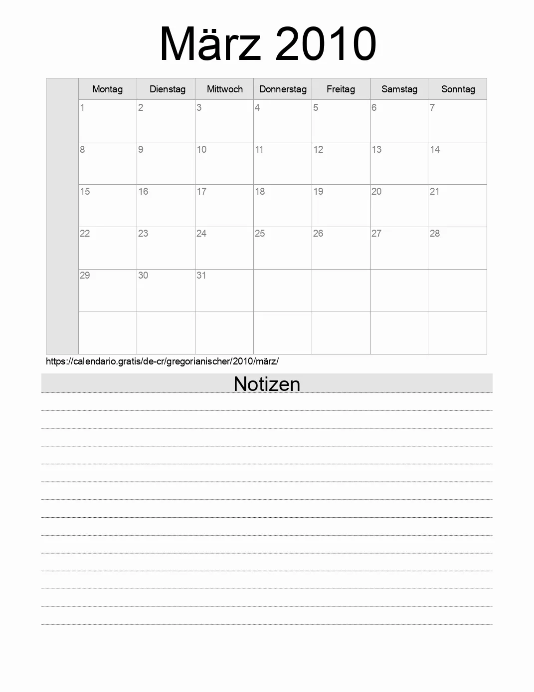 Kalender für März 2010 zum Drucken mit Notizen. (Costa Rica)